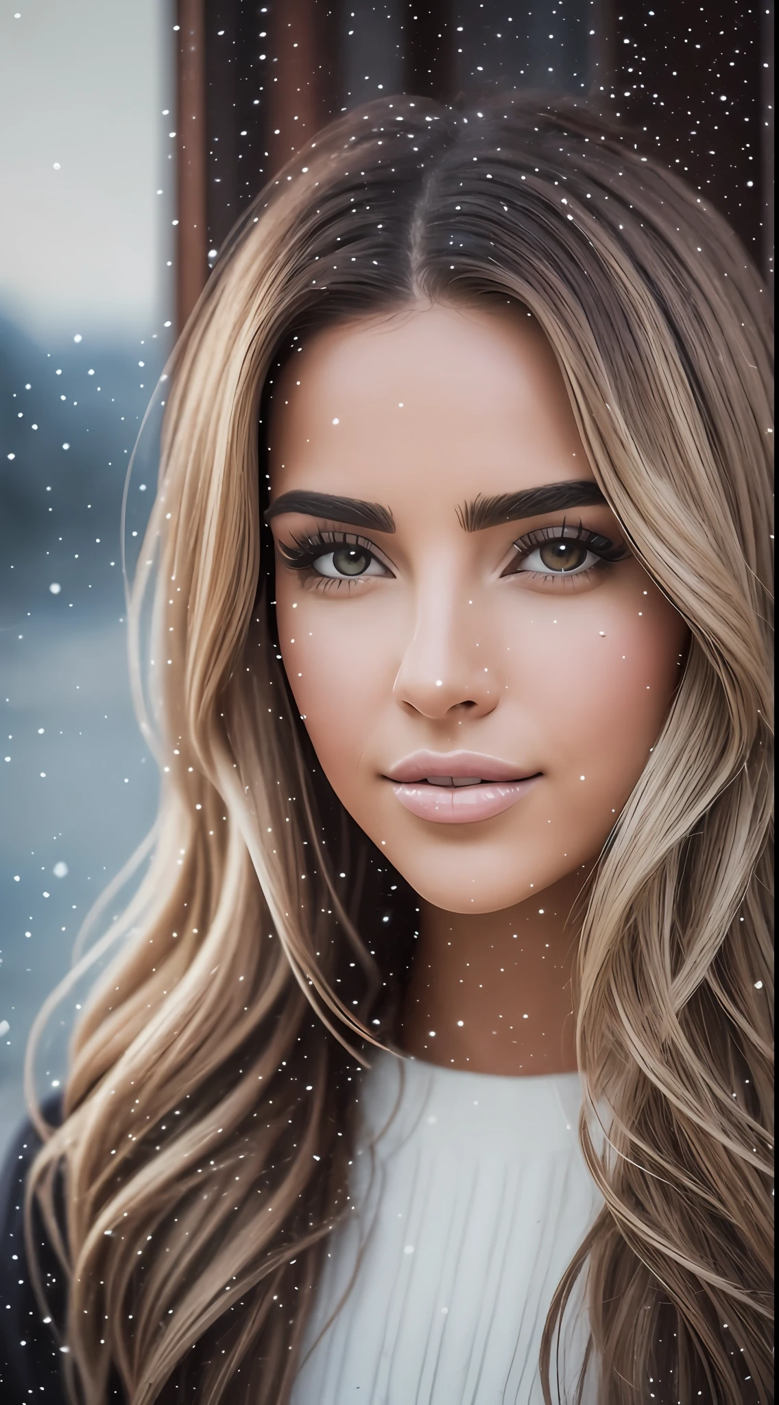 A woman, brunette with dyed blonde hair, Julia Sarda, Christina Kritkou, portrait of Kim Kardashian, inspired by Gina Pellón, tanned Ameera al Taweel, Olivia Culpo, Julia Fuentes, flawless olive skin ((detailed face)), ((detailed facial features)), (finely detailed skin), long light brown hair with blonde tips, (detailed hair), wearing only a white sweater, in the background the view of Saint Moritz, body with curves, perfect body, in a luxurious room, overlooking Saint Moritz, nikon d850 film stock photography 4 kodak 400 c galaxy f1.6 lens rich colors hyper realistic texture i natural lighting trend in artstation cinestill 800, (100mm ente), 8k, HDR, (soft color: 1.2), shallow depth of field, sharp focus, color photo RAW, (masterpiece), (realistic photo), 8k, 16k, (extreme res), (ultra high res), (dynamic lighting), (real lighting), (perfect aspect ratio)(realistic photo)(best quality) (detailed) shot on a Canon EOS R5, 50mm lens, (8k), (16k), d epth of field, volumetric fog, RAW, analog, 8k, h igh res, DSLR, high quality, Fujifilm XT3, film gra in, winter,