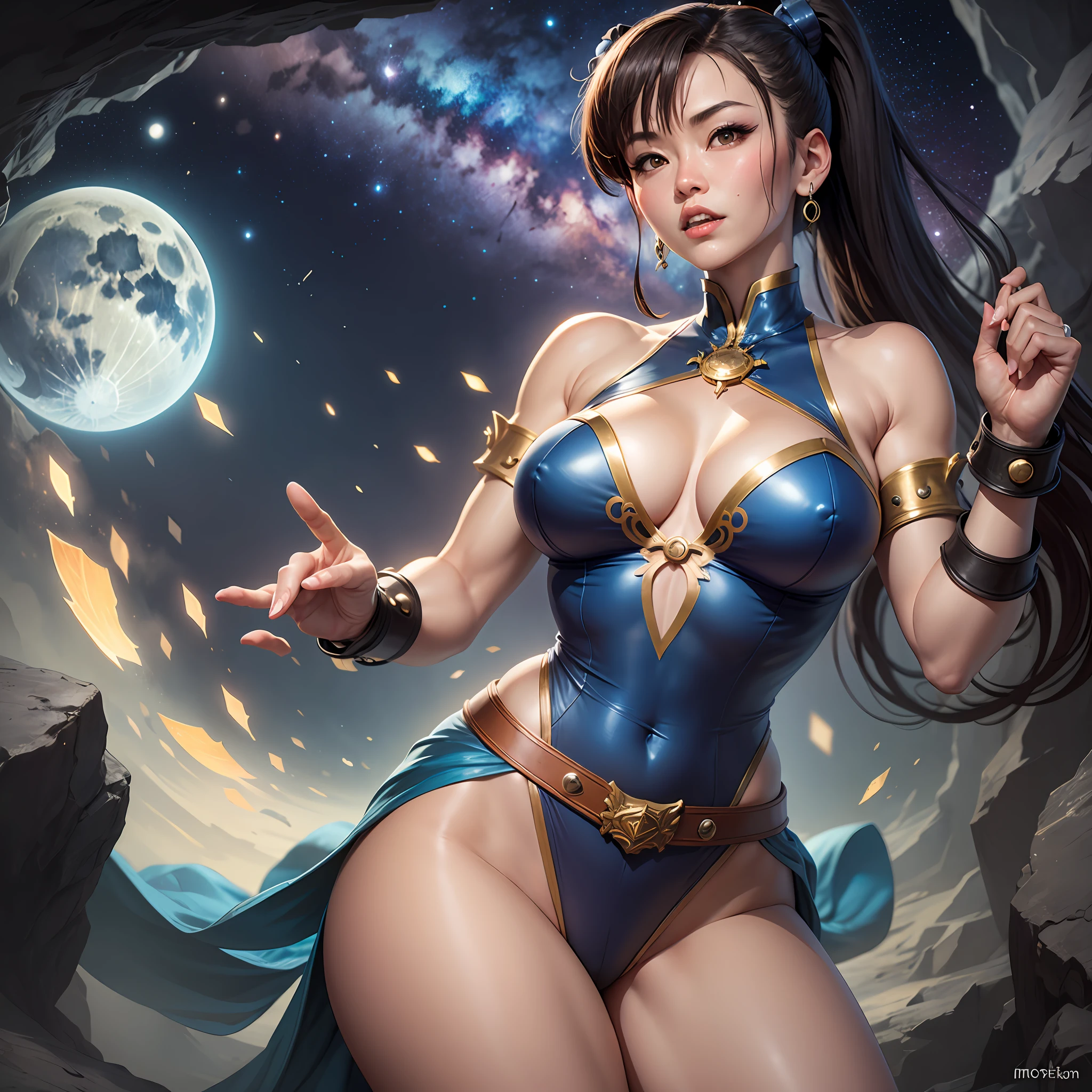 Chun-li in cave-age outfit fighting Darkstalker's Morrigan, night sky with stars and moon --auto --s2