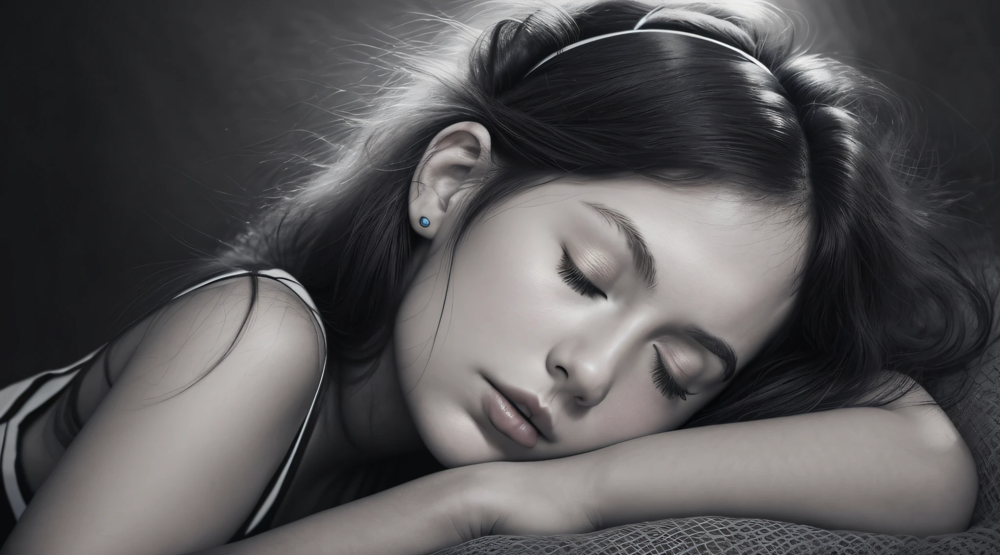 CHILD woman with a headband and closed eyes, sleepy fashion model face, dreaming face, peaceful face, beautiful languid princess, peaceful expression, taylor swift as a celestial angel, black and white portrait, p&m photo, sleeping princess!!!!, sleepy, head resting on hands, with eyes closed, black and white portrait, solemn expression