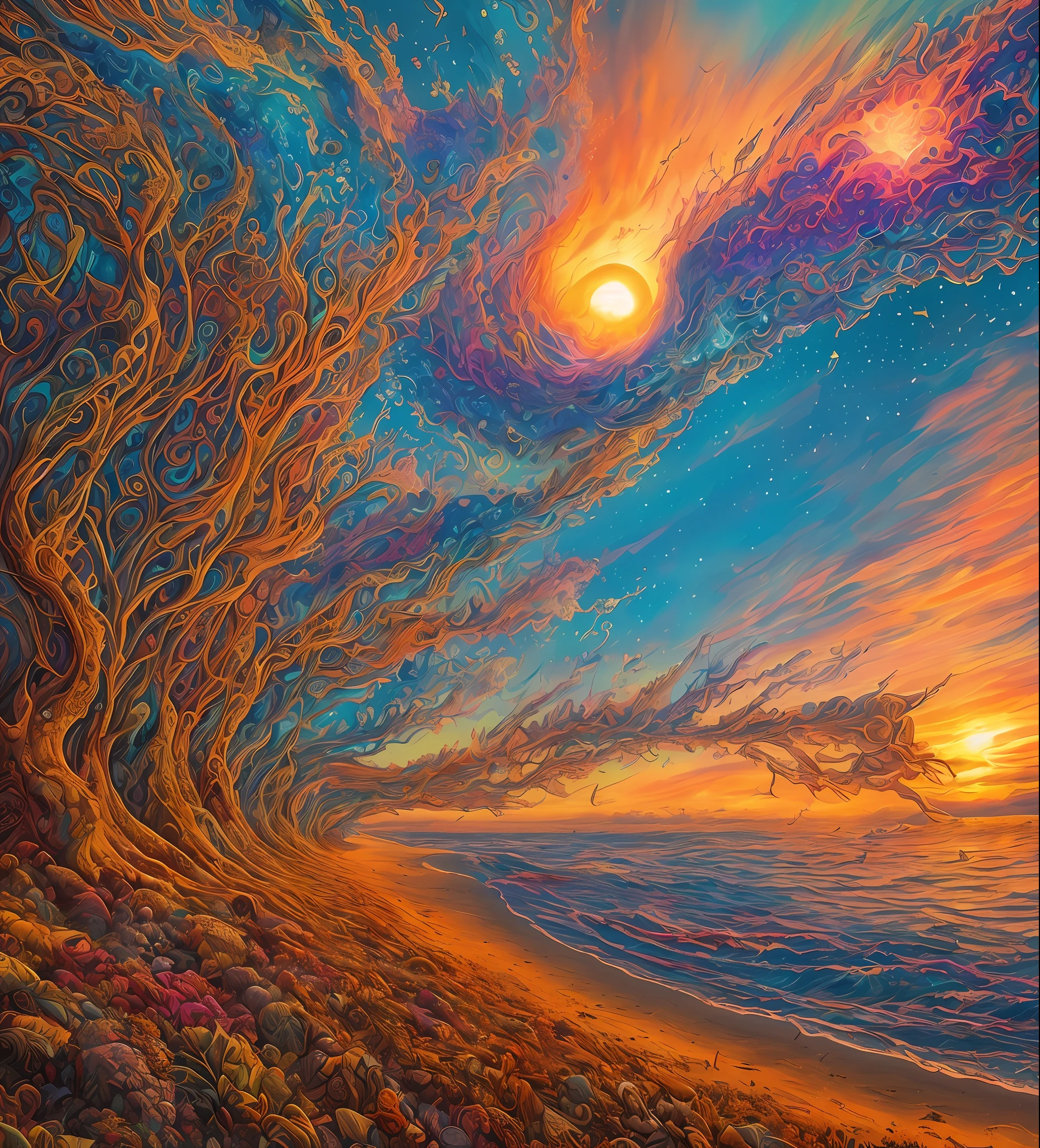 psychedelic, intricate, hyper detailed, artistic, beach, sunset, nature, turning into cosmic ashes