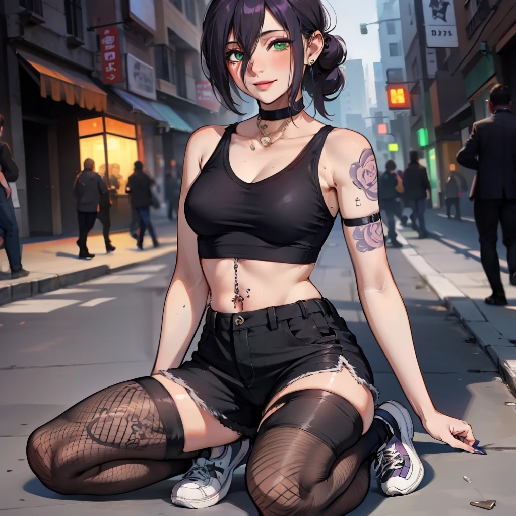 belly button piercing, full body shot, (very detailed background:1.0), (highly detailed background:1.0), (Masterpiece), High Quality, 1girl, woman, tattoo, irezumi, depth of field, dynamic lighting, high quality shadows, black crop-top, reze, purple hair, black shorts, ear piercings, sity, black fishnet tights, black high top sneakers, perfect face, green eyes, black choker