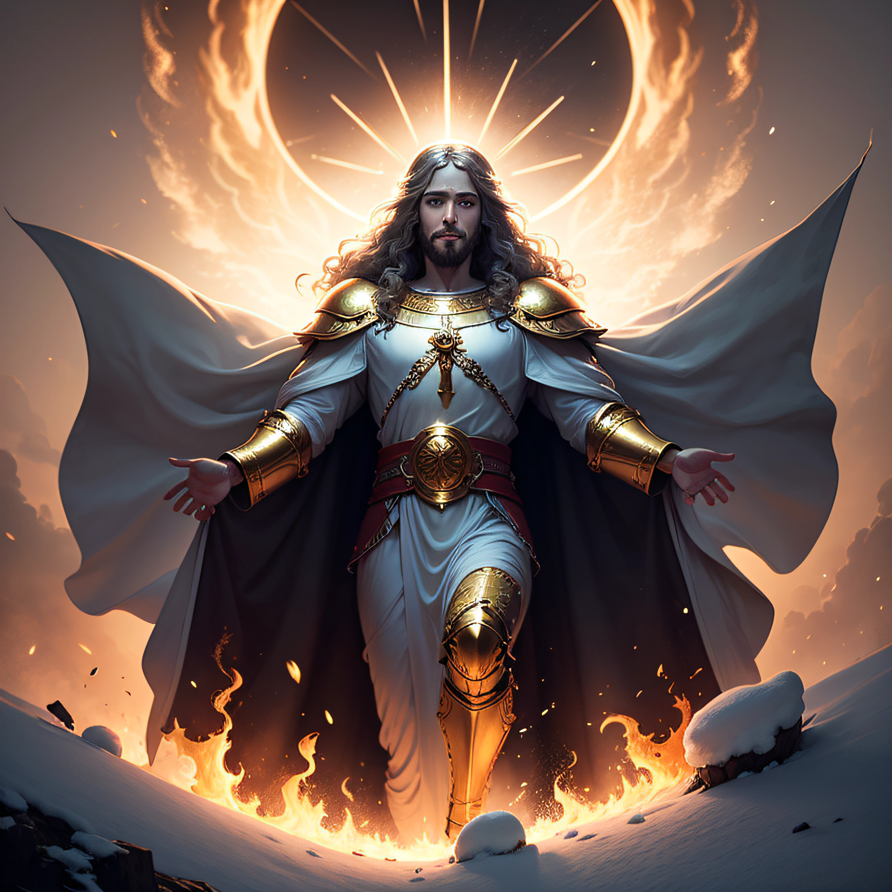 Jesus second coming in the heavens, face like the midday sun, crown, a tunic and a golden breastplate, hair as white as snow, eyes as flames of fire, feet as refined bronze in the furnace, light smile, Surrealism, backlighting, cinematic lighting, high quality, high details, best quality --auto