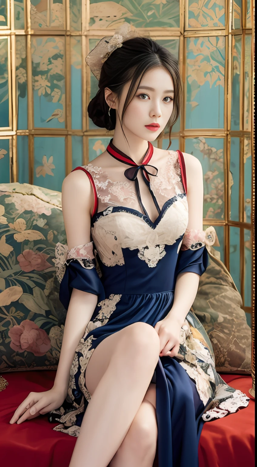 A dress with a chinoiserie style with lace elements at the neckline and cuffs of the dress with a traditional moire pattern with details such as pleats, embroidery, beads, silk, crepe, knee-length or length, and bows or flowers at the waist or neckline