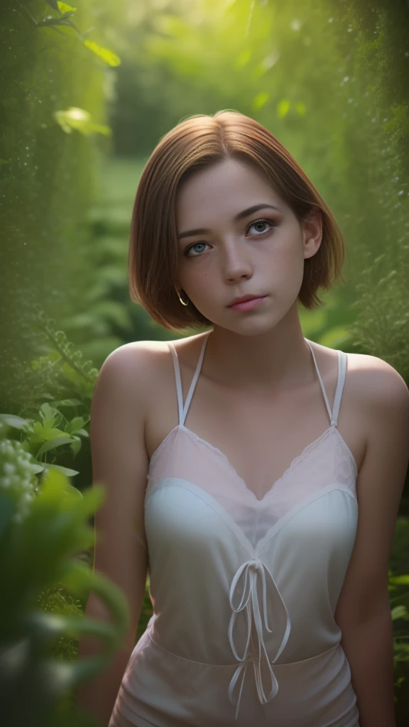 NSFW Highest quality, (dramatic lighting: 0.7), masterpiece, high angle shot, RAW photo (pale 15 year old woman with short hair, looking up at viewer), cute, (standing in a garden ), full body portrait, perfect face, stunning eyes, vivid detail, (highly detailed skin), freckles, key lighting, ( backlighting: 0.5 ), depth of field, Canon 5D, 50mm lens, F/4 aperture