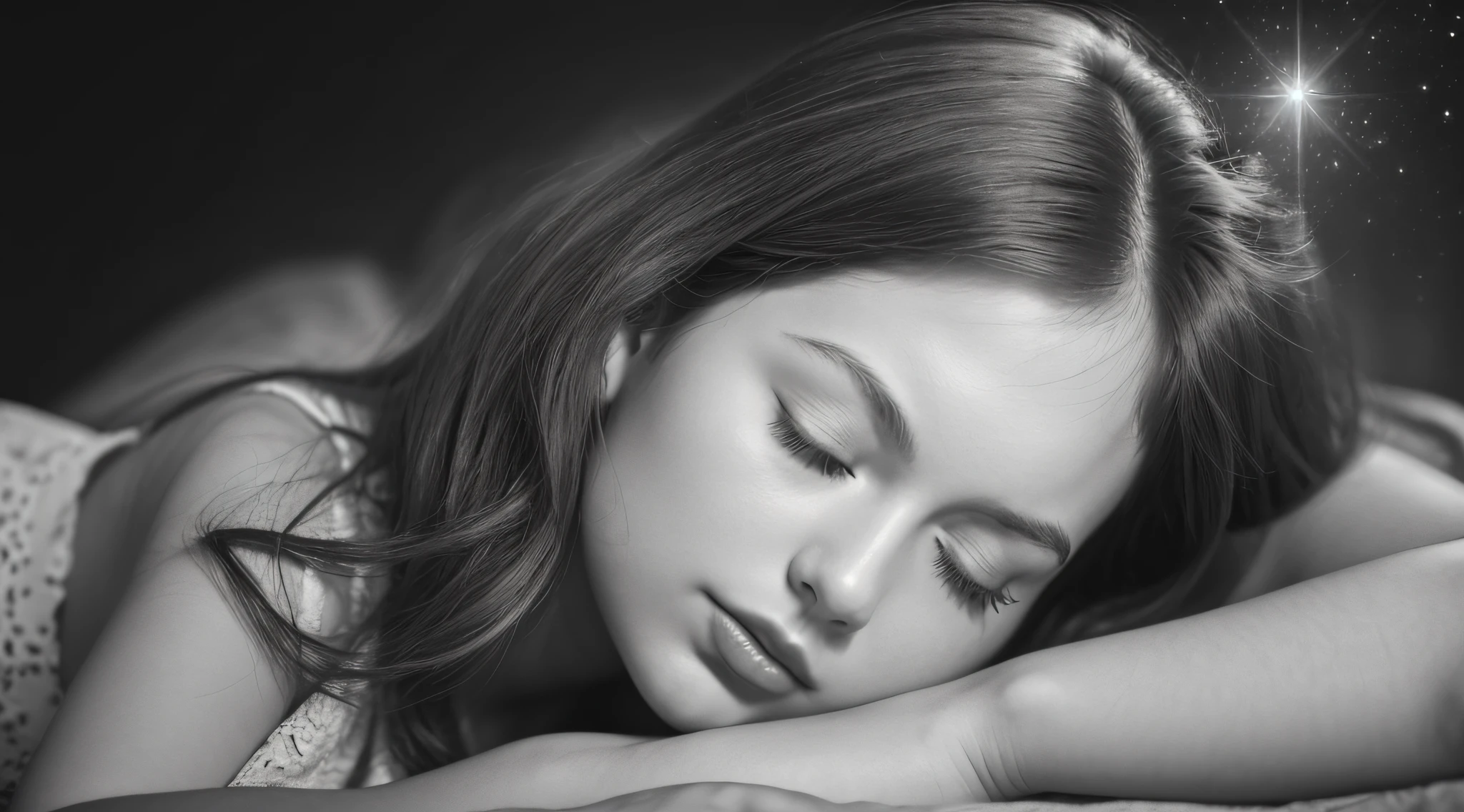 CHILD woman with a headband and closed eyes, sleepy fashion model face, dreaming face, peaceful face, beautiful languid princess, peaceful expression, taylor swift as a celestial angel, black and white portrait, p&m photo, sleeping princess!!!!, sleepy, head resting on hands, with eyes closed, black and white portrait, solemn expression