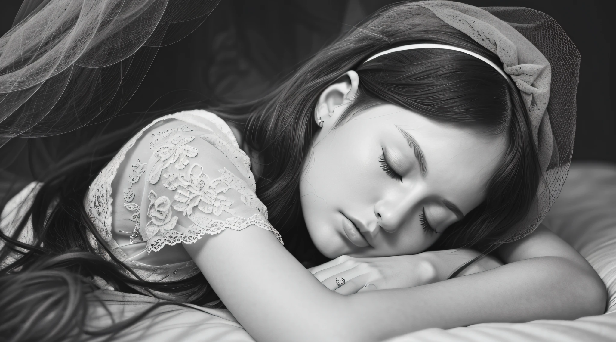 CHILD woman with a headband and closed eyes, sleepy fashion model face, dreaming face, peaceful face, beautiful languid princess, peaceful expression, taylor swift as a celestial angel, black and white portrait, p&m photo, sleeping princess!!!!, sleepy, head resting on hands, with eyes closed, black and white portrait, solemn expression