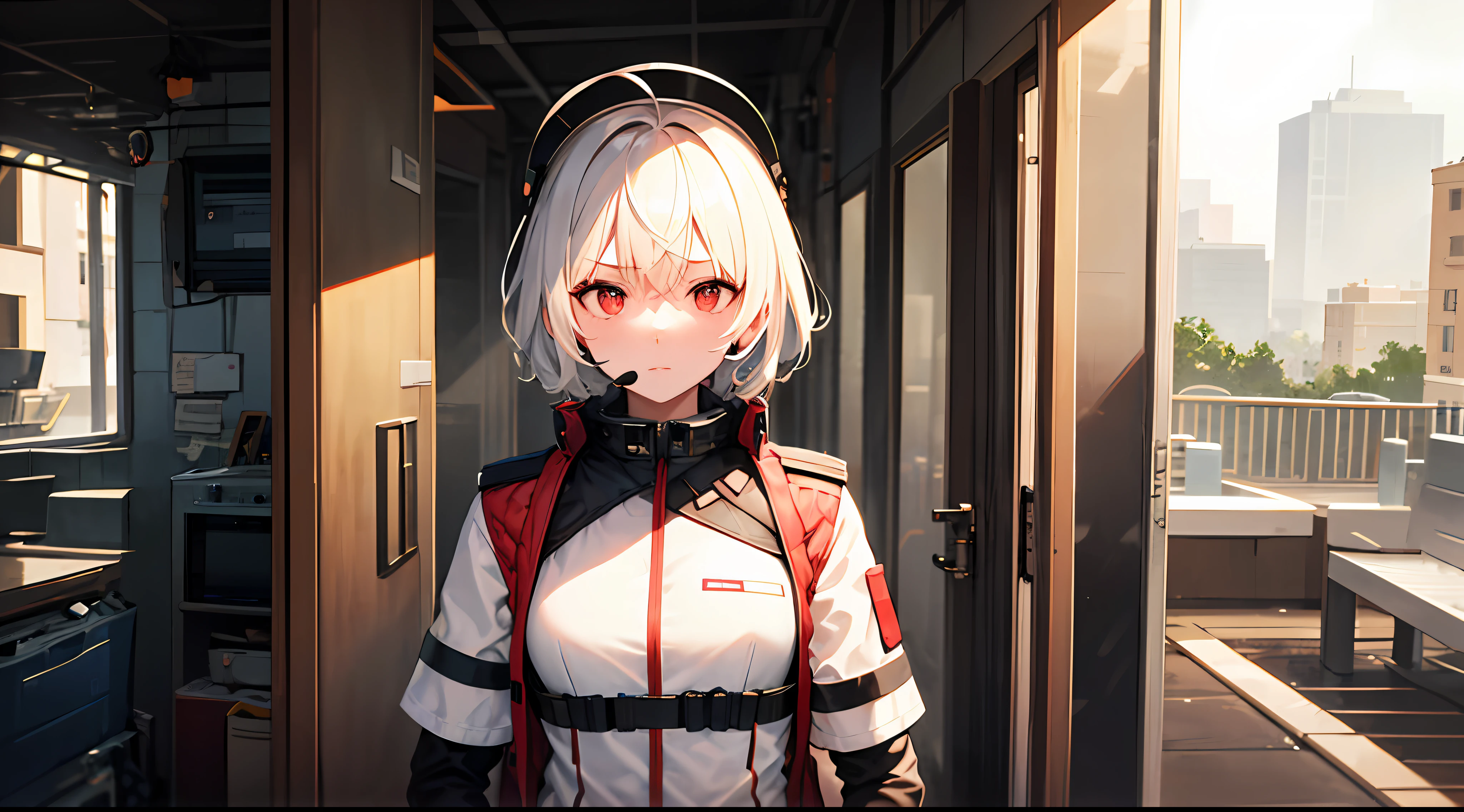 masterpiece , a girl, in Airfield, ( lite white short hair:1.2), (red eyes:1.2), (Russian Millitary Uniform:1.2), (looks at the viewer:1.2) , (8k, best quality 1.2), ultra-detailed, 8k uhd, soft lighting, high quality, film grain, beautiful lighting, cinematic ,perfect body , best illumination, best shadow, sharpness, contrast, red glasses, messy hair, tactical vest, gloves, headset, absurdres high detailed face, serious face,