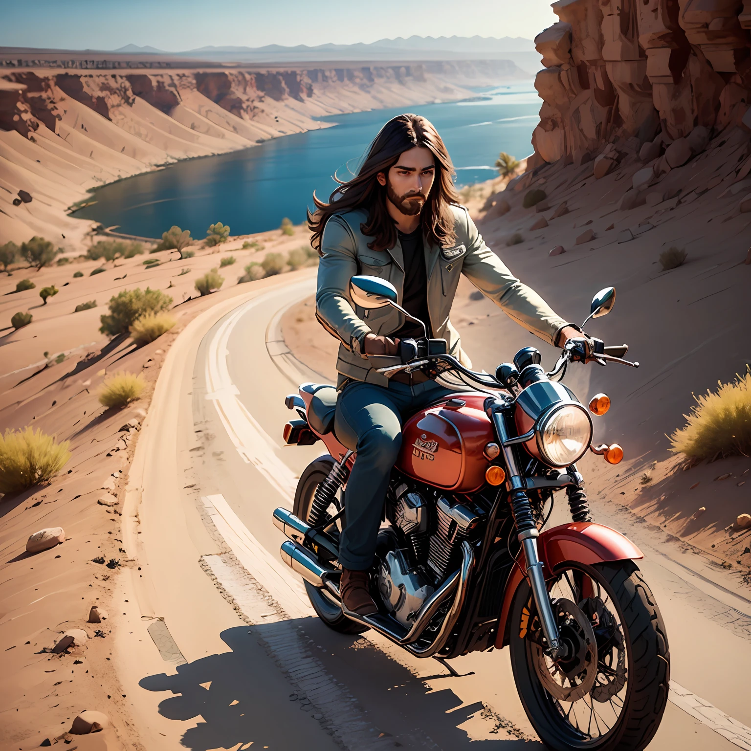 Jesus riding a motorcycle, in the clothes of Galilee and with his cross and in the desert --auto