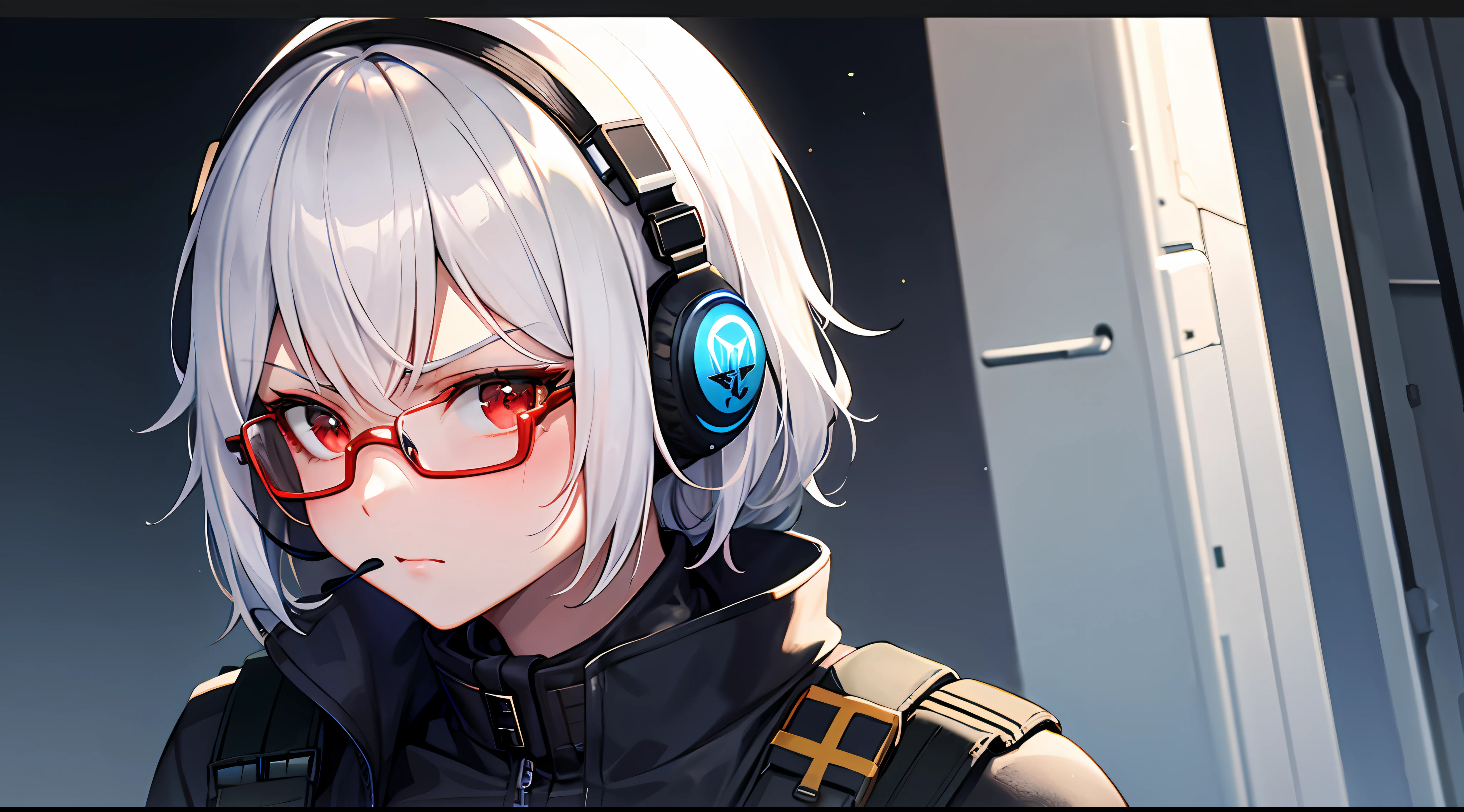 masterpiece , a girl, in Airfield, ( lite white short hair:1.2), (red eyes:1.2), (Russian Millitary Uniform:1.2), (looks at the viewer:1.2) , (8k, best quality 1.2), ultra-detailed, 8k uhd, soft lighting, high quality, film grain, beautiful lighting, cinematic ,perfect body , best illumination, best shadow, sharpness, contrast, red glasses, messy hair, tactical vest, gloves, headset, absurdres high detailed face, serious face,