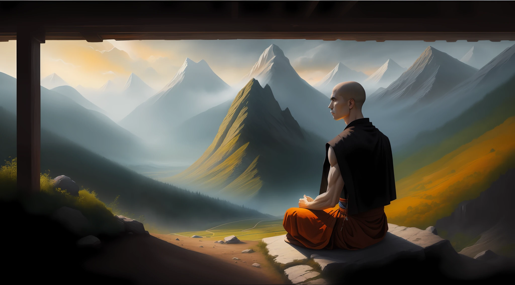 Nature landscape, in the background mountains, in the center a monk in meditation (HD quality) (detailed painting) (dark environment)