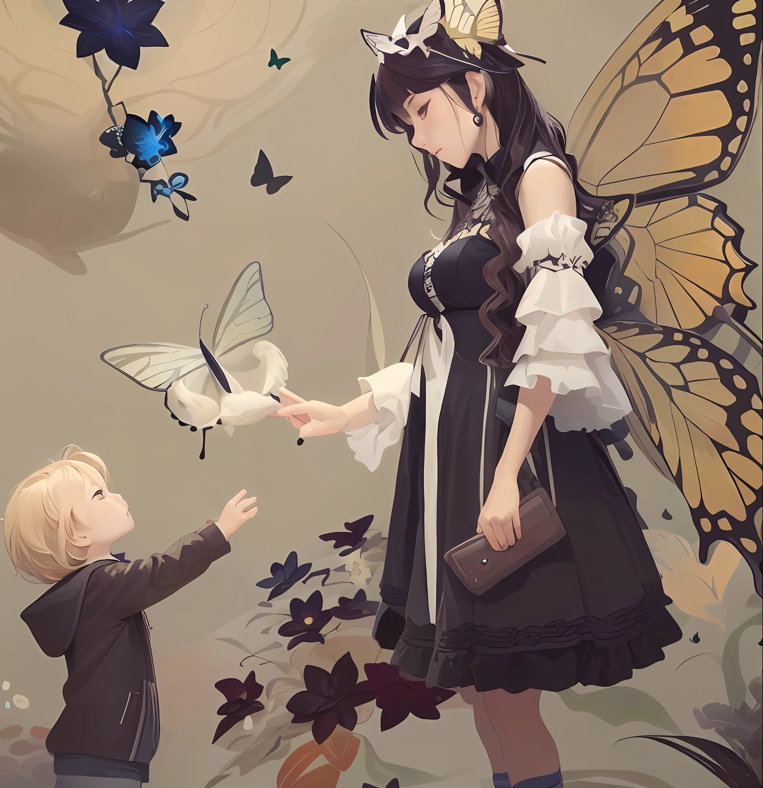 there is a woman and a standing in a field with butterflies, artwork in the style of guweiz, fantasy art style, anime fantasy illustration, childrens art in artstation, a beautiful artwork illustration, aesthetic cute with flutter, digital art on pixiv, beautiful fantasy anime, digital art fantasy art, 2. 5 d cgi anime fantasy artwork