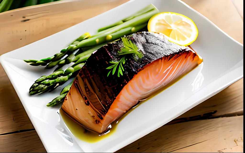 grilled skinless salmon steak, on a white square plate, with lemon slices on the side, green cooked asparagus on the side, lemon zest, a bottle of olive oil on the side