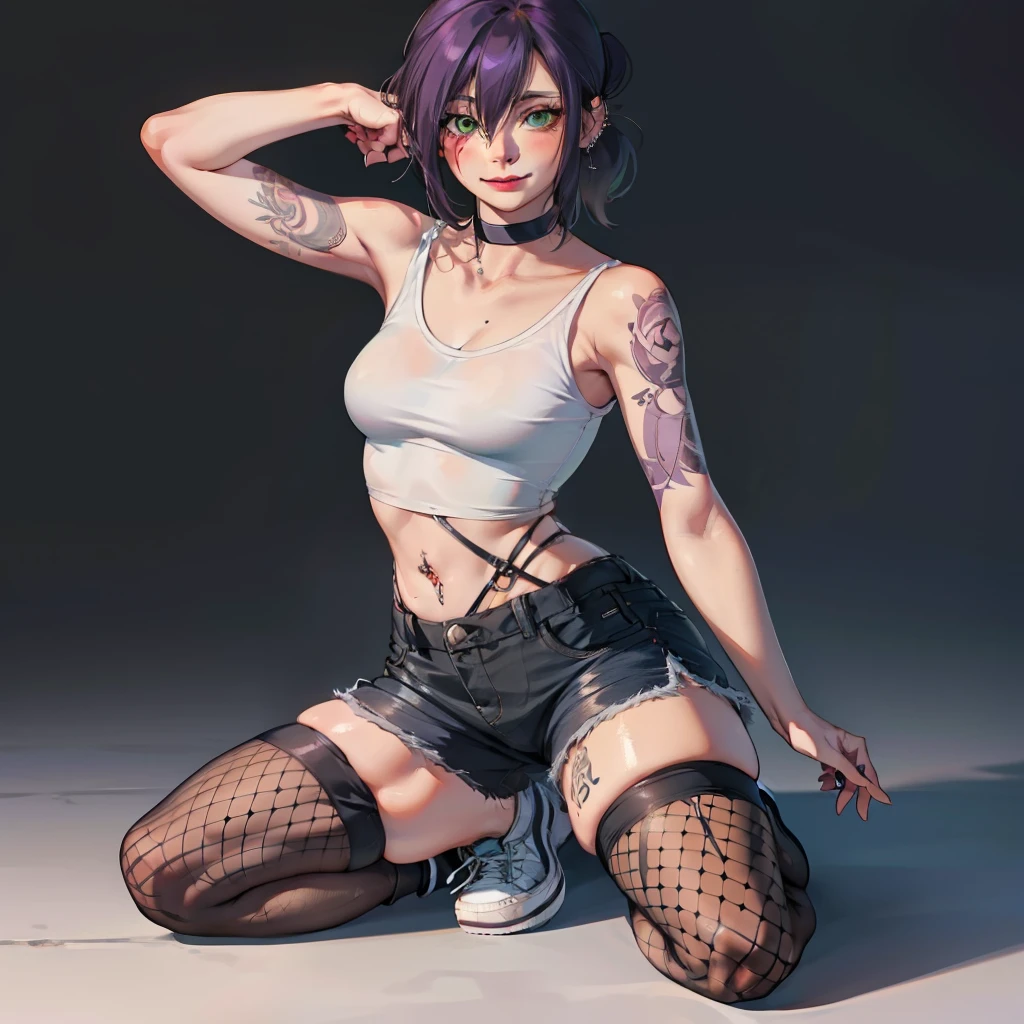 belly button piercing, full body shot, (very detailed background:1.0), (highly detailed background:1.0), (Masterpiece), High Quality, 1girl, woman, tattoo, irezumi, depth of field, dynamic lighting, high quality shadows, black crop-top, reze, purple hair, black shorts, ear piercings, sity, black fishnet tights, black high top sneakers, perfect face, green eyes, black choker