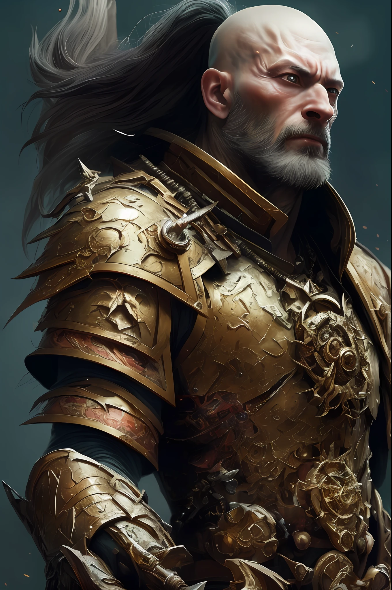 (Detailed Illustration: 1.3) of (Painting: 1.3) A (Full Body: 1.3) Shot in 8k resolution, splatter art, dreamy comic book style, realistic, intense look, anatomically realistic digital painting portrait (old male: 1.3) Human (warrior: 1.3) black and gold complex (heavy armor: 1.3) in (dark and moody universe: 1.3), light particles, very detailed skin, samurai, very detailed eyes, (elden ring style: 1.3), (warhammer style: 1.1), concept artist, global illumination, depth of field, splash art, artgerm and art by greg rutkowski and viktoria gavrilenko