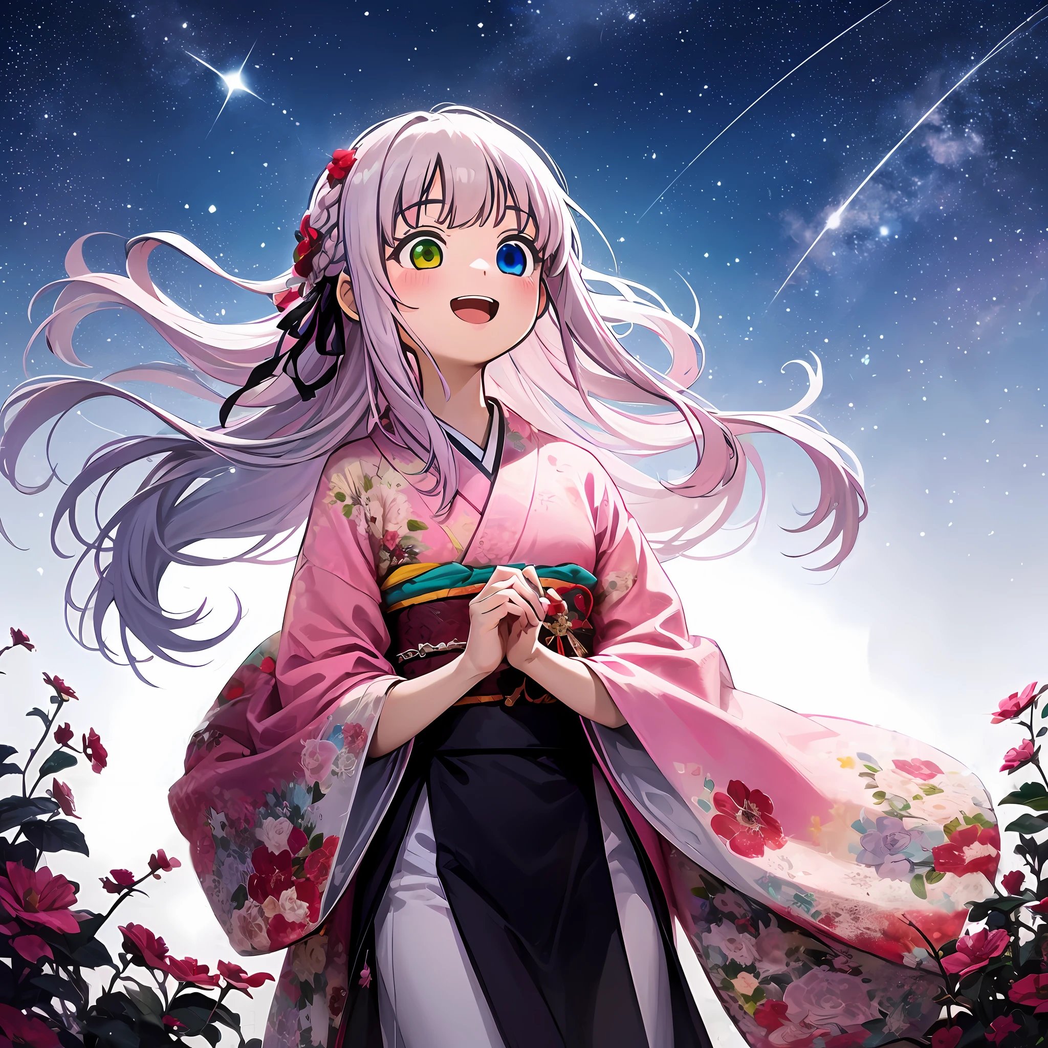 In the glowing meadow, one girl, Solo,,{heterochromia,pale blue eyes,pale green eyes:1.5}, silhouette of star eyes, standing figure, happy, :d, break ((pale pink hair, braid, semi-long hair, ribbon: 1.5)), thinning hair, break, big, red flower kimono, open mouth, looking up at the sky, Milky Way, bystander surrounded by enchanting sights. Break The vast open field comes to life with a soft glow, illuminating the surrounding landscape. (Dynamic Angle: 1.2), Break