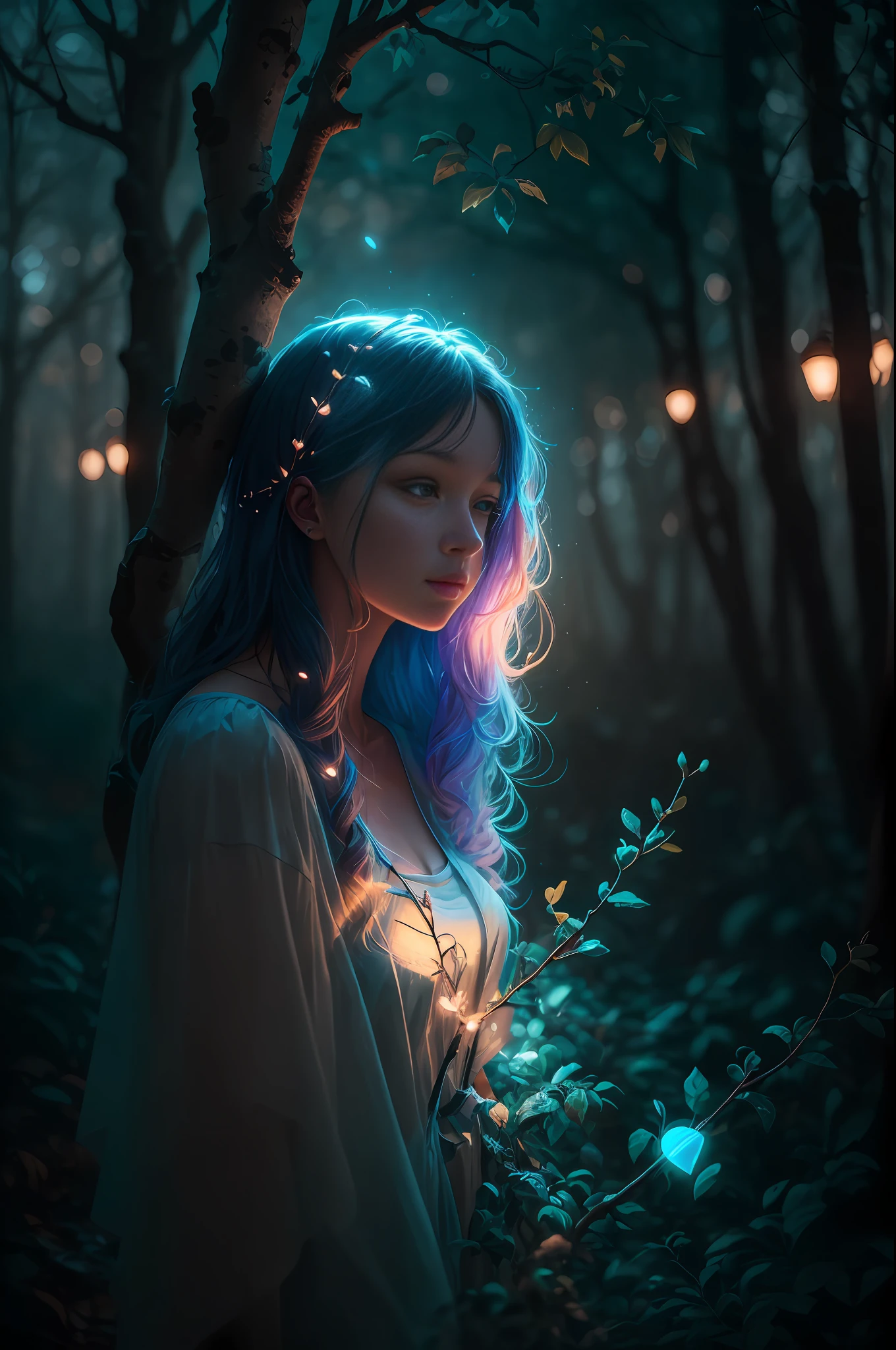 Beautiful Young Woman covered with tree branches , bright blue white glowing heart visible from human, Night time , colorful, photography hyperdetailed cinematic lighting hdr, softbox lighting, extreme detail --auto --s2