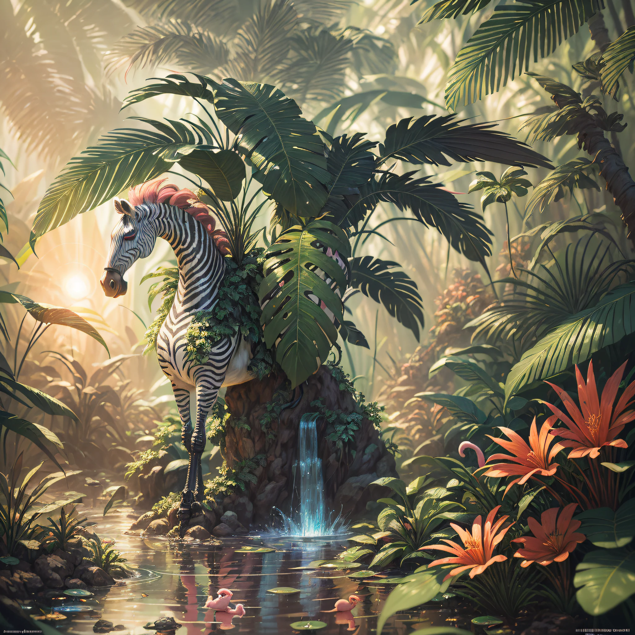 In a mountainous dense tropical jungle, gnomes and magical fairies, a winged zebra flying in the background and flamingos in a dense jungle, dense tropical jungle, lush palm trees, wet foliage after heavy rain, sunset shining through the leaves of the trees, beautiful digital artworks, magnificent animals, Beeple and James Jean, Beeple and Tim Hildebrandt,  digital fantasy illustration, highly detailed digital painting, behance quality, stunning digital illustration, award-winning painting, highly detailed digital art, beautiful digital illustration, artstation, artstation trend, cinematic lighting and HDR on stage IA, chromatic aberration, depth of field, intricate, bokeh, trend in CGsociety, dramatic, axis of the sun, masterpiece, (masterpiece, best quality: 1.2), 1time of heavy rain, creating a mystical situation of enchantment, behance trend, zebra standing on a rock in a tropical jungle with a waterfall, fantasy jungle, lush oasis, mysterious jungle painting, beautiful jungle, magical jungle, highly detailed 4k digital art, 4k detailed digital art, jungle landscape, inspired by T.I. Hildebrandt, behance fantasy art