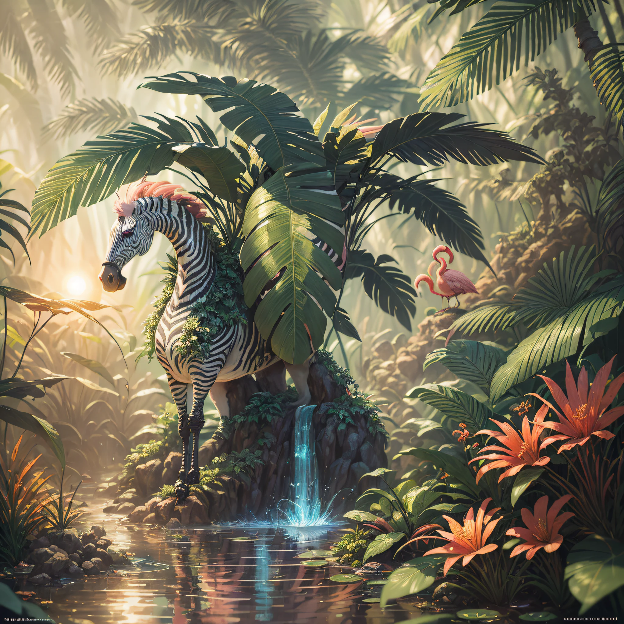 In a mountainous dense tropical jungle, gnomes and magical fairies, a winged zebra flying in the background and flamingos in a dense jungle, dense tropical jungle, lush palm trees, wet foliage after heavy rain, sunset shining through the leaves of the trees, beautiful digital artworks, magnificent animals, Beeple and James Jean, Beeple and Tim Hildebrandt, digital fantasy illustration, highly detailed digital painting, behance quality, stunning digital illustration, award-winning painting, highly detailed digital art, beautiful digital illustration, artstation, artstation trend, cinematic lighting and HDR on stage IA, chromatic aberration, depth of field, intricate, bokeh, trend in CGsociety, dramatic, axis of the sun, masterpiece, (masterpiece, best quality: 1.2), 1time of heavy rain, creating a mystical situation of enchantment, behance trend, zebra standing on a rock in a tropical jungle with a waterfall, fantasy jungle, lush oasis, mysterious jungle painting, beautiful jungle, magical jungle, highly detailed 4k digital art, 4k detailed digital art, jungle landscape, inspired by T.I. Hildebrandt, behance fantasy art