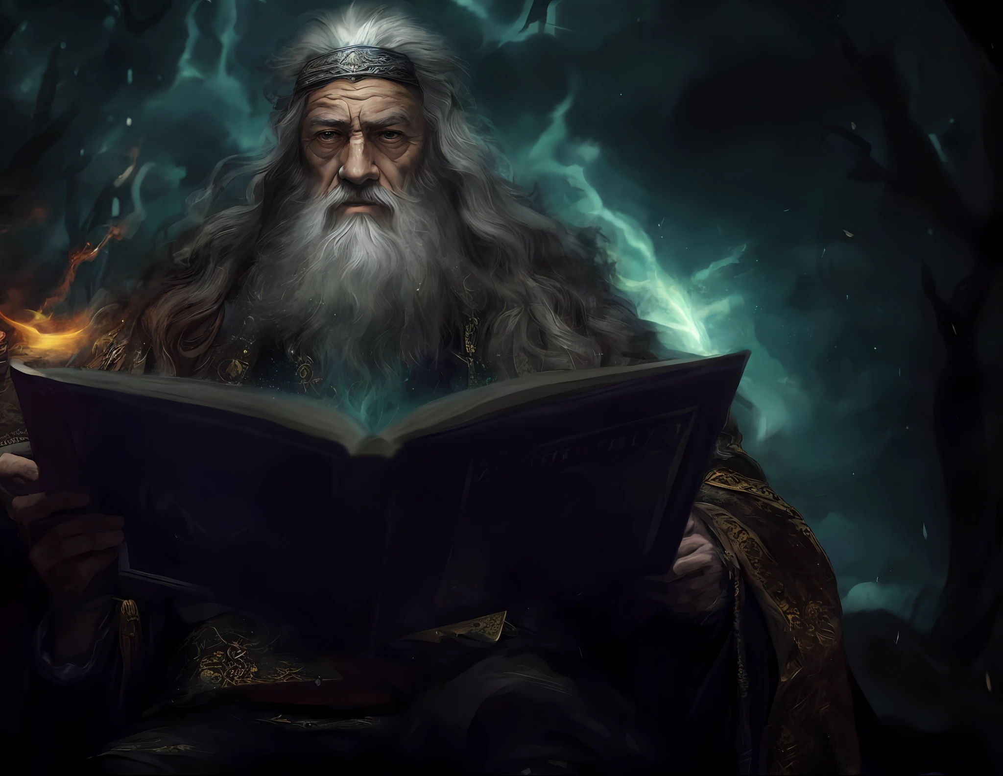 a close up of a man with a long beard reading a book, wizard sits reading at a desk, wizard reading a directory, spell casting wizard, wizard casting a spell, an arcane wizard casting a spell, gandalf casts a lightningbolt, wizard hat cinematic lighting, dumbledore, wizard doing a tarot reading, wizard themed, still from a fantasy movie