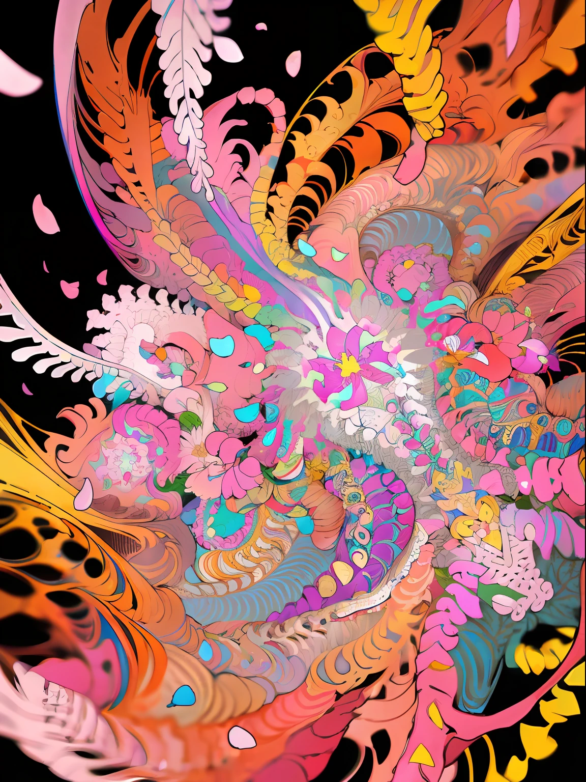 (1girl, solo, from above), extremely detailed, (abstract background, zentangle, fractal art:1.3), (many colors, colorful:1.1), (feathers, petals, flowers:1.3), dynamic pose, earrings