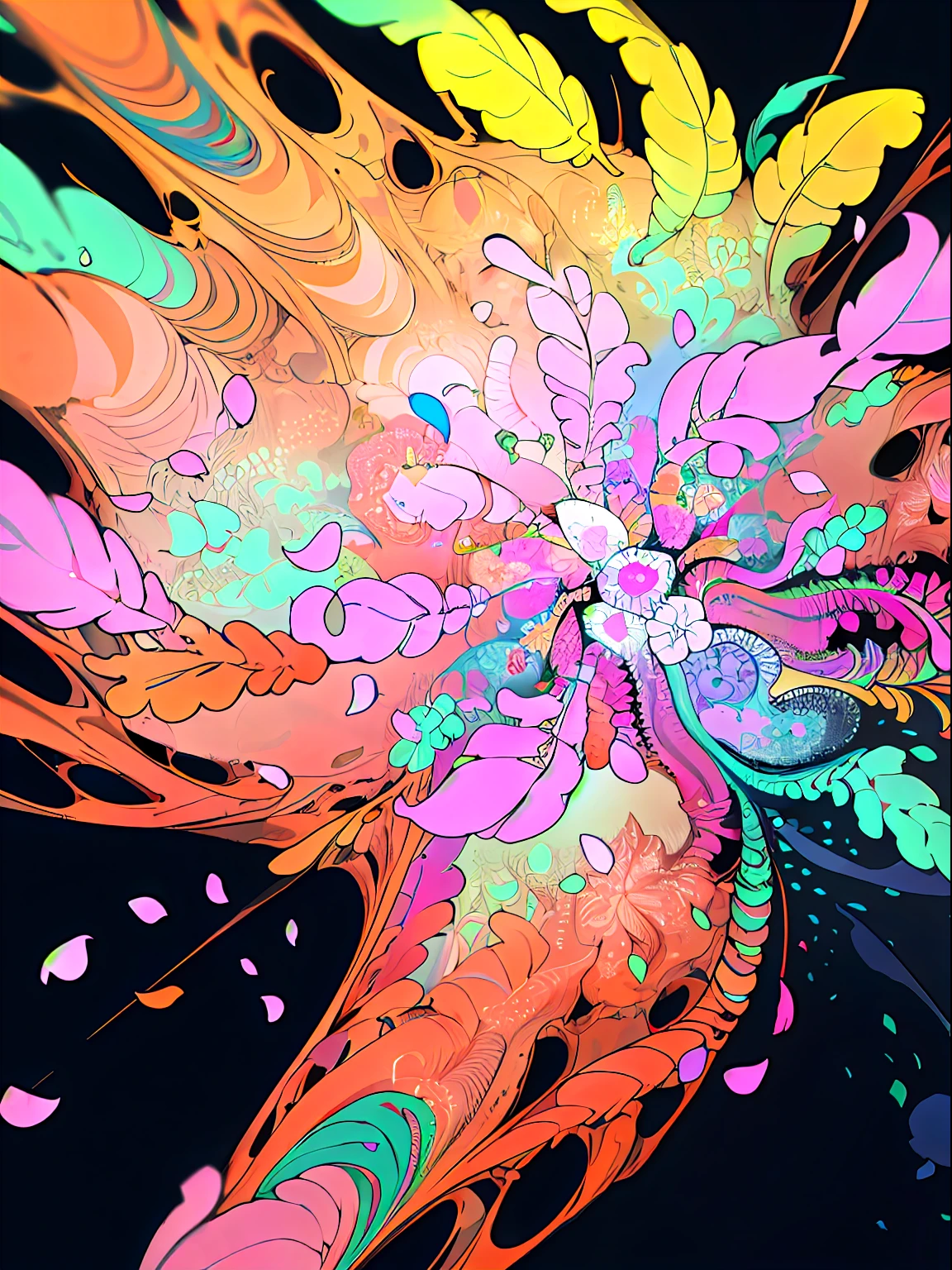(1girl, solo, from above), extremely detailed, (abstract background, zentangle, fractal art:1.3), (many colors, colorful:1.1), (feathers, petals, flowers:1.3), dynamic pose, earrings