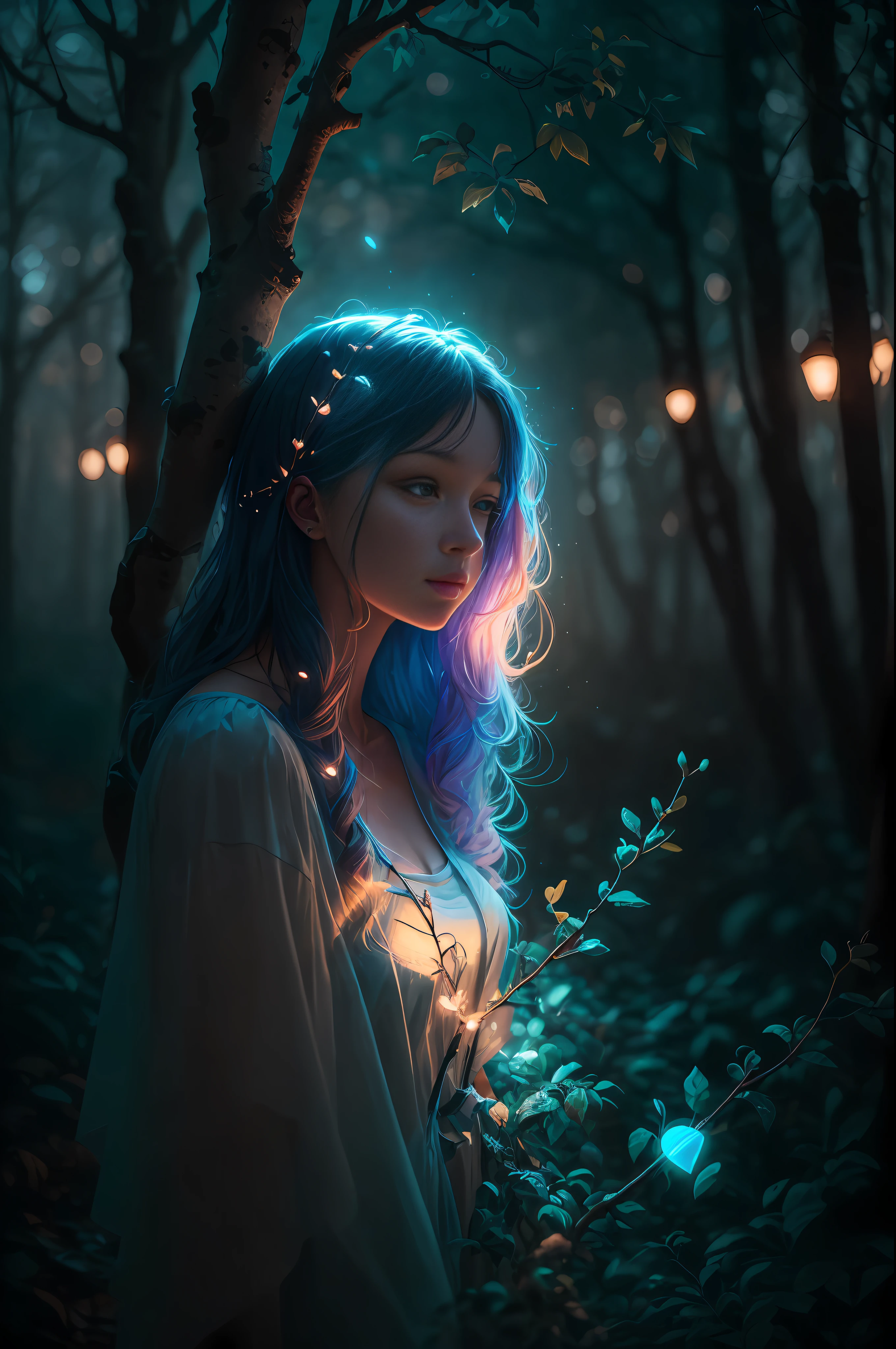 Beautiful Young Woman covered with tree branches , bright blue white glowing heart visible from human, Night time , colorful, photography hyperdetailed cinematic lighting hdr, softbox lighting, extreme detail --auto --s2