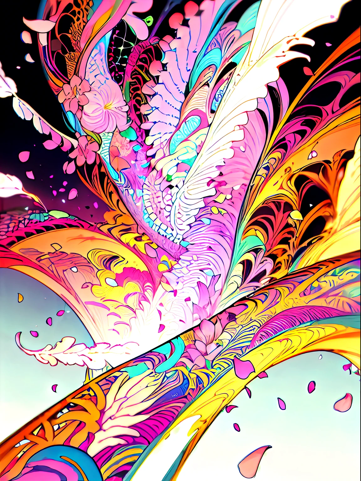 (1girl, solo, from under), extremely detailed, (abstract background, zentangle, fractal art:1.3), (many colors, colorful:1.1), (feathers, petals, flowers:1.3), dynamic pose, earrings