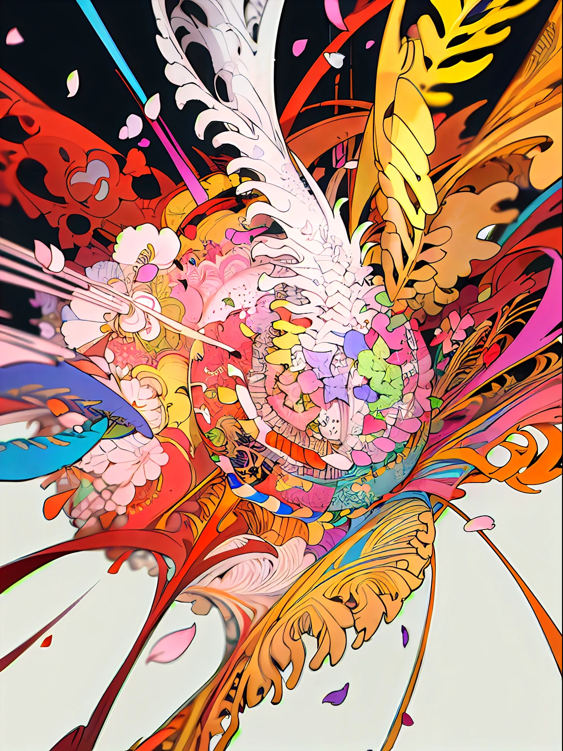 (1girl, solo, from above), extremely detailed, (abstract background, zentangle, fractal art:1.3), (many colors, colorful:1.1), (feathers, petals, flowers:1.3), dynamic pose, earrings