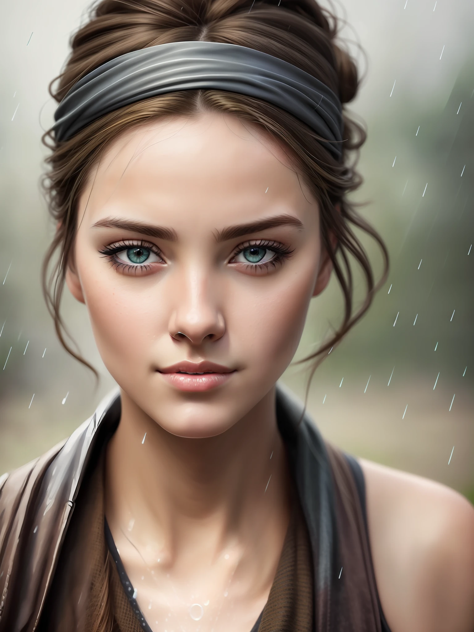 There is a blonde woman with a messy bun in the rain, highly realistic digital art, very realistic digital art, beautiful digital art, cinematic realistic portrait, ultra realistic digital painting, gorgeous face portrait, beautiful portrait photo, detailed beauty portrait, beautiful realistic face, ultra-realistic digital art, ultra-realistic digital art, detailed beautiful portrait, realistic digital painting, beautiful face portrait
