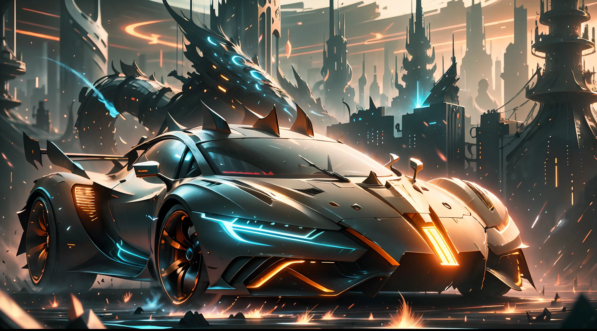 Best Quality: 1.3), (Masterpiece: 1.3), (Realistic: 1.4), (Detail: 1.1), Cinematic Effects, Motion Photography, Fujifilm, Long Exposure, Future Sci-Fi White-Gold Supercar, Extremely Beautiful Shape, Streamlined, Light and Shadow, Particle Light, Particle Effects, Blue Flame Erupting at the Tail, Ambient Lights, Surreal Sci-Fi City in the background, Aesthetic, 8K, Top Painting, Concept Art, Epic Composition, with HD Detail, Metallic and Tension Composition, Hyper-Realism, Ultra-Realistic, Rich in detail, 3D, C4D,-- v5