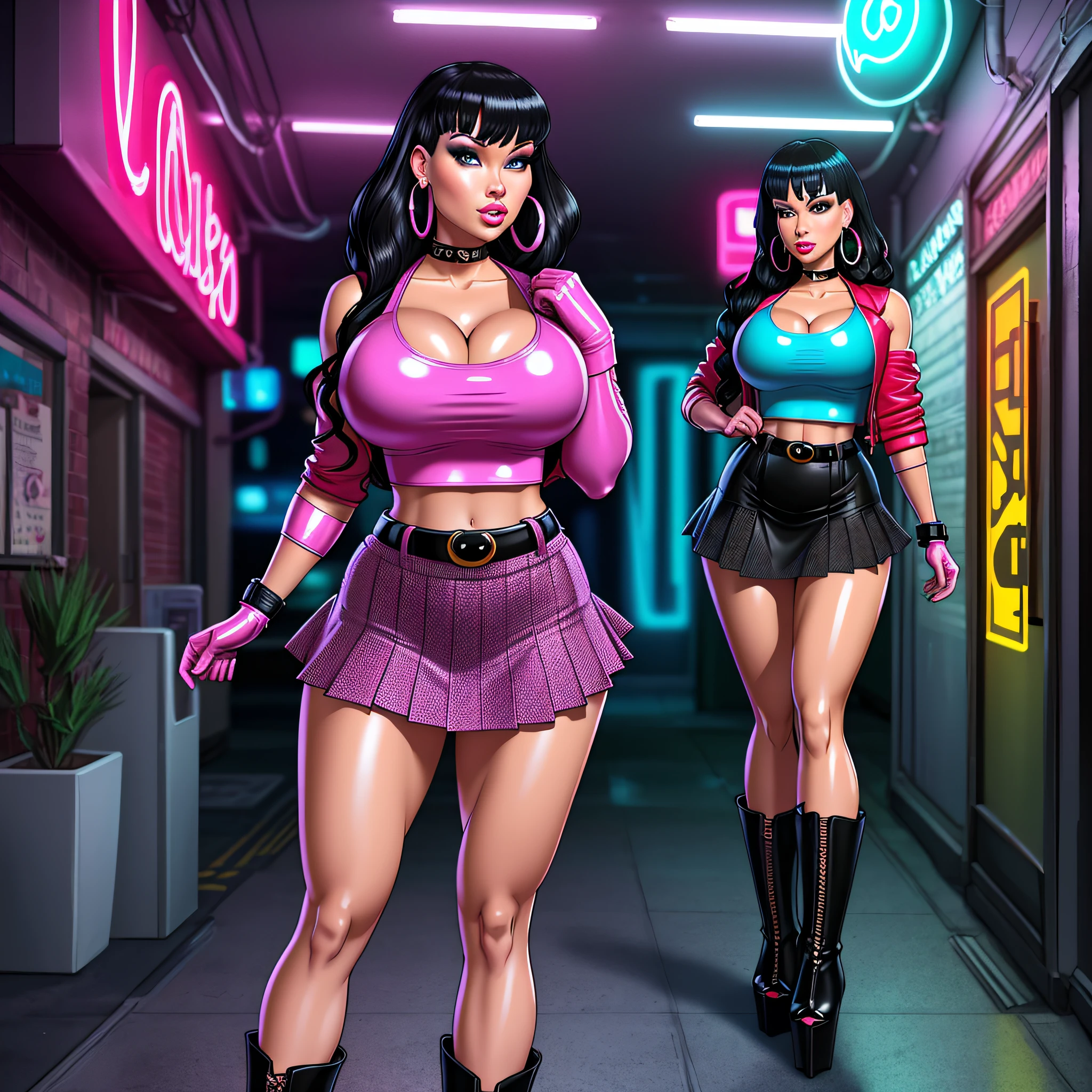 [Wonder Women], wearing a plunging neckline crop top, black hair styled in loose waves, analog style, woman, (thepit bimbo:1.2)), blue eyes, hoop earrings, detailed, skin texture, full lips, full body perspective, collar, pink jacket, centered, tan skin, looking at viewer, 8k, highly detailed, glossy, symmetric, realistic, photo-realistic, cleavage focus, pout, mini skirt, studio lights, wide hips, glowing colors, glowing skin, cyberpunk, breast enlargement, fingerless gloves, neon lights, black sleeves, belt chain, punk boots, cameltoe, huge breasts, high heels, massive bubble butt, plump thighs, waspish waist, pale skin, makeup and eyeshadow, mini skirt schoolgirl uniform, fishnet stockings,