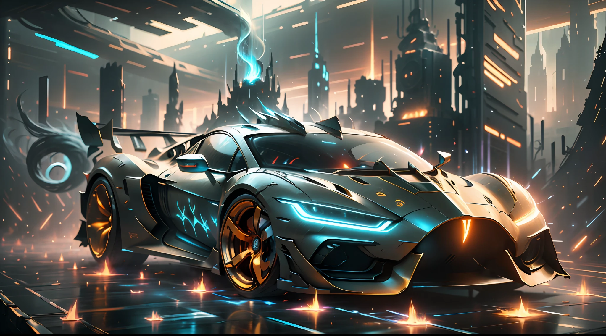Best Quality: 1.3), (Masterpiece: 1.3), (Realistic: 1.4), (Detail: 1.1), Cinematic Effects, Motion Photography, Fujifilm, Long Exposure, Future Sci-Fi White-Gold Supercar, Extremely Beautiful Shape, Streamlined, Light and Shadow, Particle Light, Particle Effects, Blue Flame Erupting at the Tail, Ambient Lights, Surreal Sci-Fi City in the background, Aesthetic, 8K, Top Painting, Concept Art, Epic Composition, with HD Detail, Metallic and Tension Composition, Hyper-Realism, Ultra-Realistic, Rich in detail, 3D, C4D,-- v5