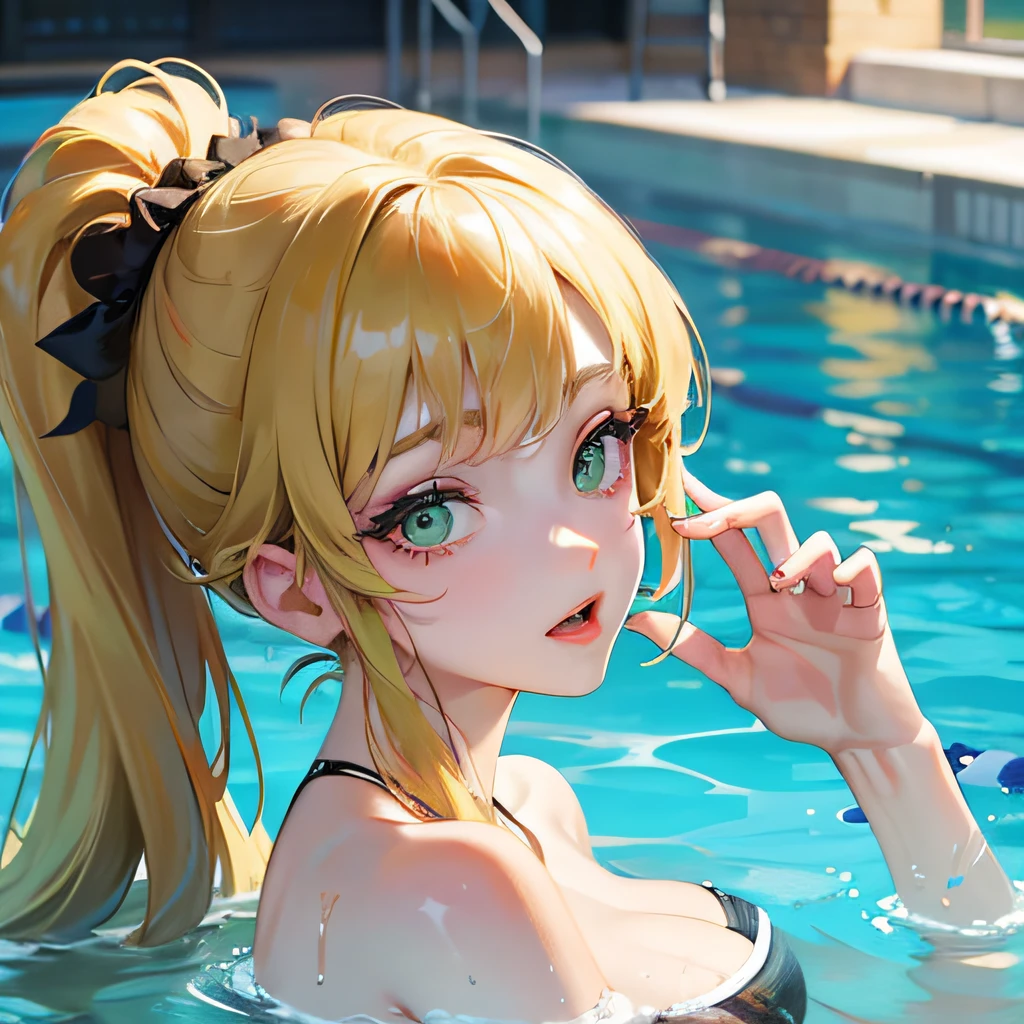 girl, perfect curves, beautiful face, green eyes, long hair, in the pool swimming --auto