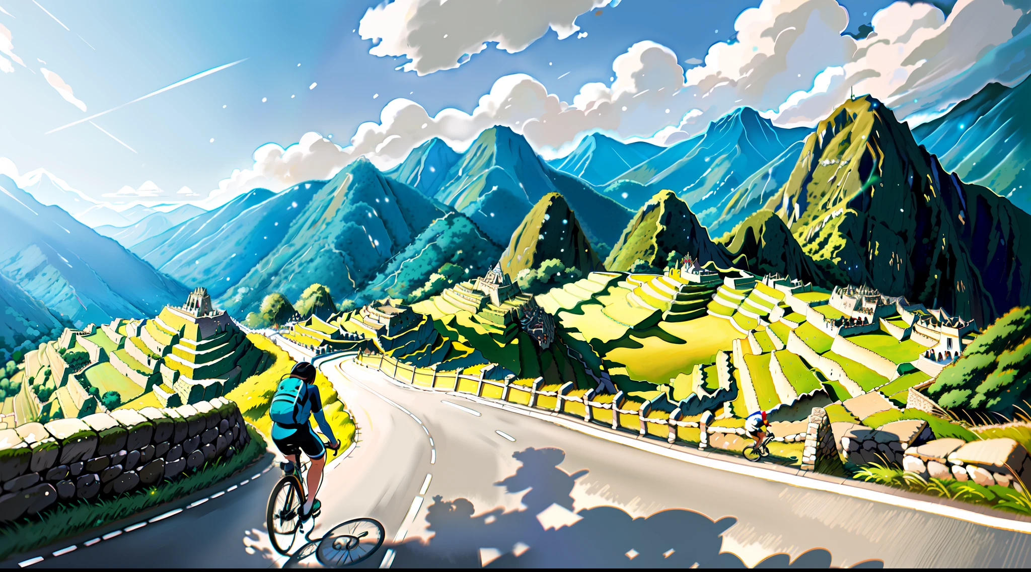 (bike: 1.5), (realistic bike: 1.5), (realistic cyclist: 1.5), back cyclist, peru, Machu Picchu, Inca empire, landscape background, shadows, contrast, makoto shinkai (Best quality:1.3), (Highres:1) Art by Studio Ghibli Style, Impressionism, Solitude