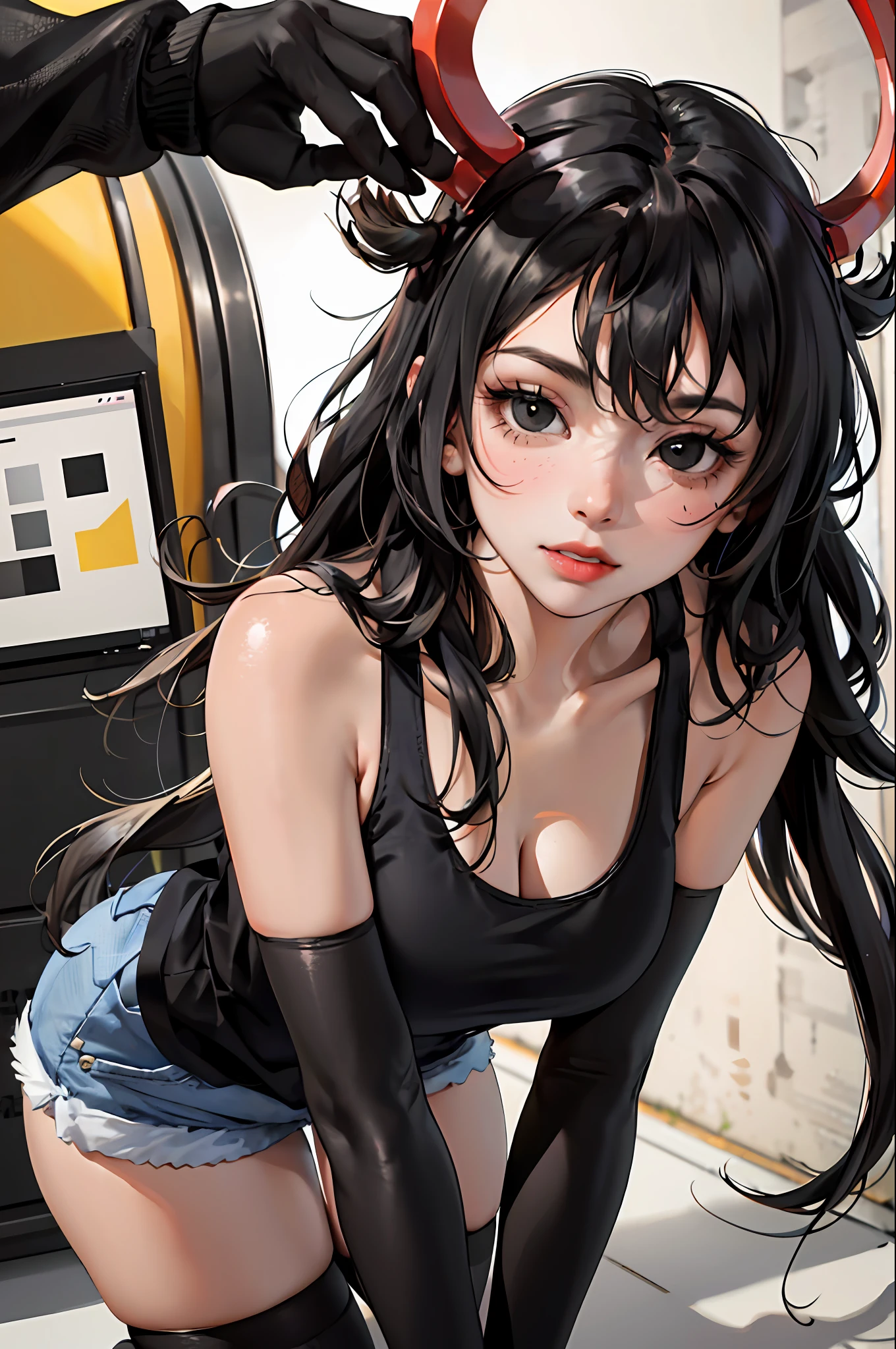 absurdres, best quality, 1girl, solo, looking at viewer, eye focus, LucoaDM, CasualCL, shorts, tank top, thighhighs, heterochromia, eye focus,
ADDCOMM
green eyes
ADDCOL
(black eyes:1.5), slit pupils, bright pupils, yellow pupils