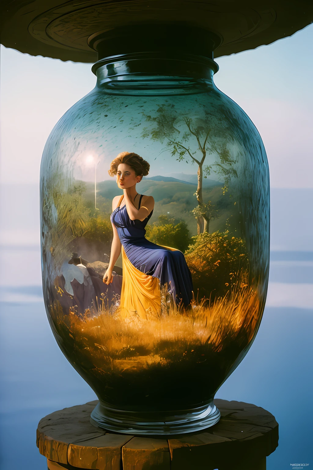 beautiful woman in a magical jar, 8k, hr, hdr, photo realistic, sharp focus, by Jean Paul Gaultier and Jules Bastien-Lepage and Stella McCartney and Mark Keathley, (((professional photography))),dappled light, romantic, HDR, highly detailed, hasselblad, 8k, hyper realistic, eye level shot, f1.4 aperture, 8mm film grain, cinestill 800, , by Abbott Fuller Graves and Berndnaut Smilde and Gustave Moreau and Michael Cheval and Zdzisław Beksiński