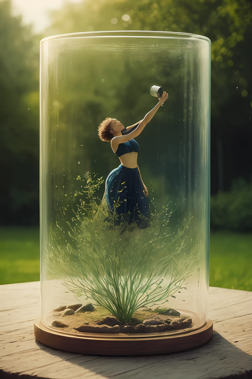 beautiful woman in a magical jar, 8k, hr, hdr, photo realistic, sharp focus, by Jean Paul Gaultier and Jules Bastien-Lepage  and Stella McCartney and Mark Keathley, (((professional photography))),dappled light, romantic, HDR, highly detailed, hasselblad, 8k, hyper realistic, eye level shot, f1.4 aperture, 8mm film grain, cinestill 800, , by Abbott Fuller Graves and Berndnaut Smilde and Gustave Moreau and Michael Cheval and Zdzisław Beksiński