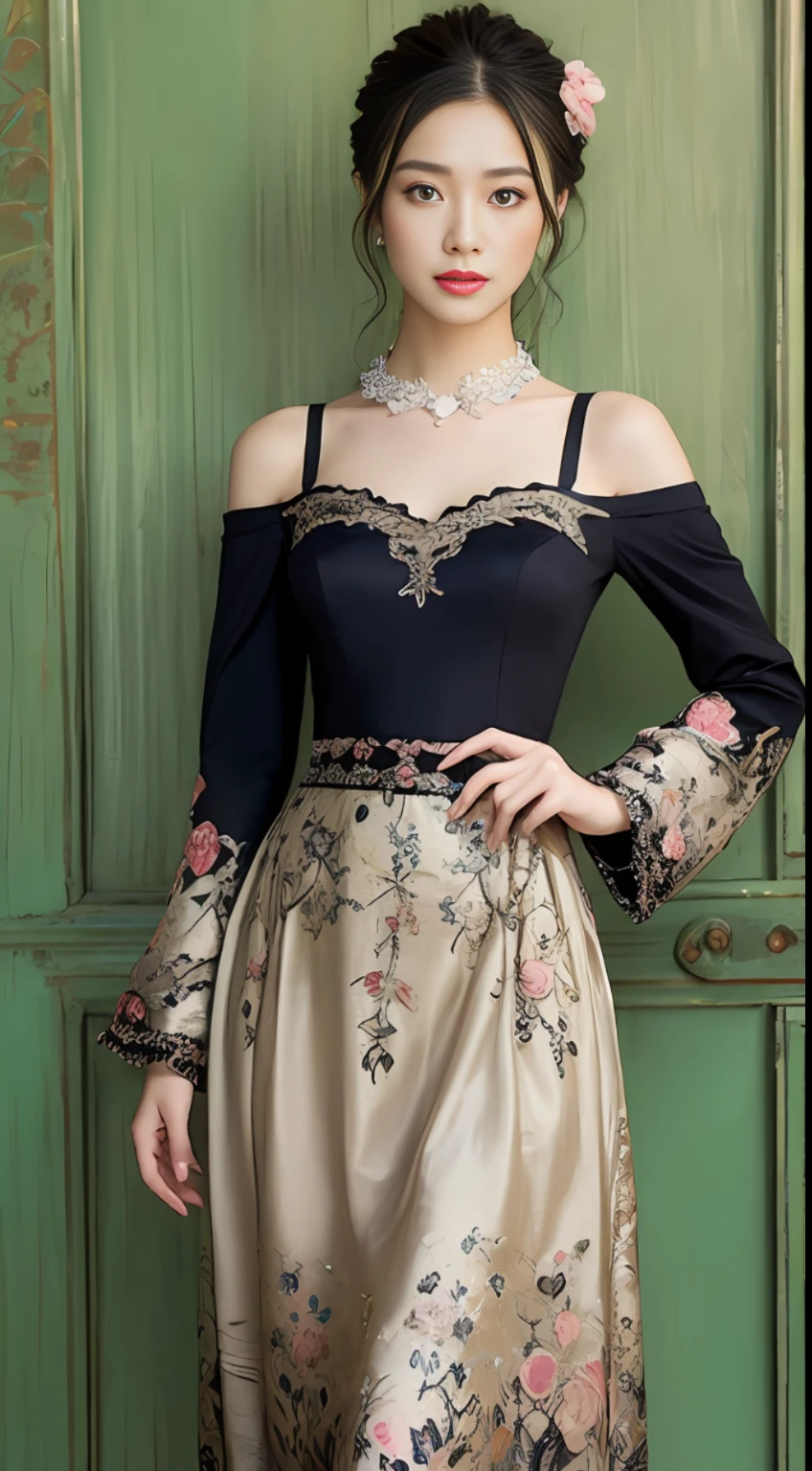 A dress with a chinoiserie style with lace elements at the neckline and cuffs of the dress Dark pattern is a traditional moire pattern, details such as pleats, embroidery, beads, silk, crepe, knee-length or length, and a bow or flower decoration at the waist or neckline