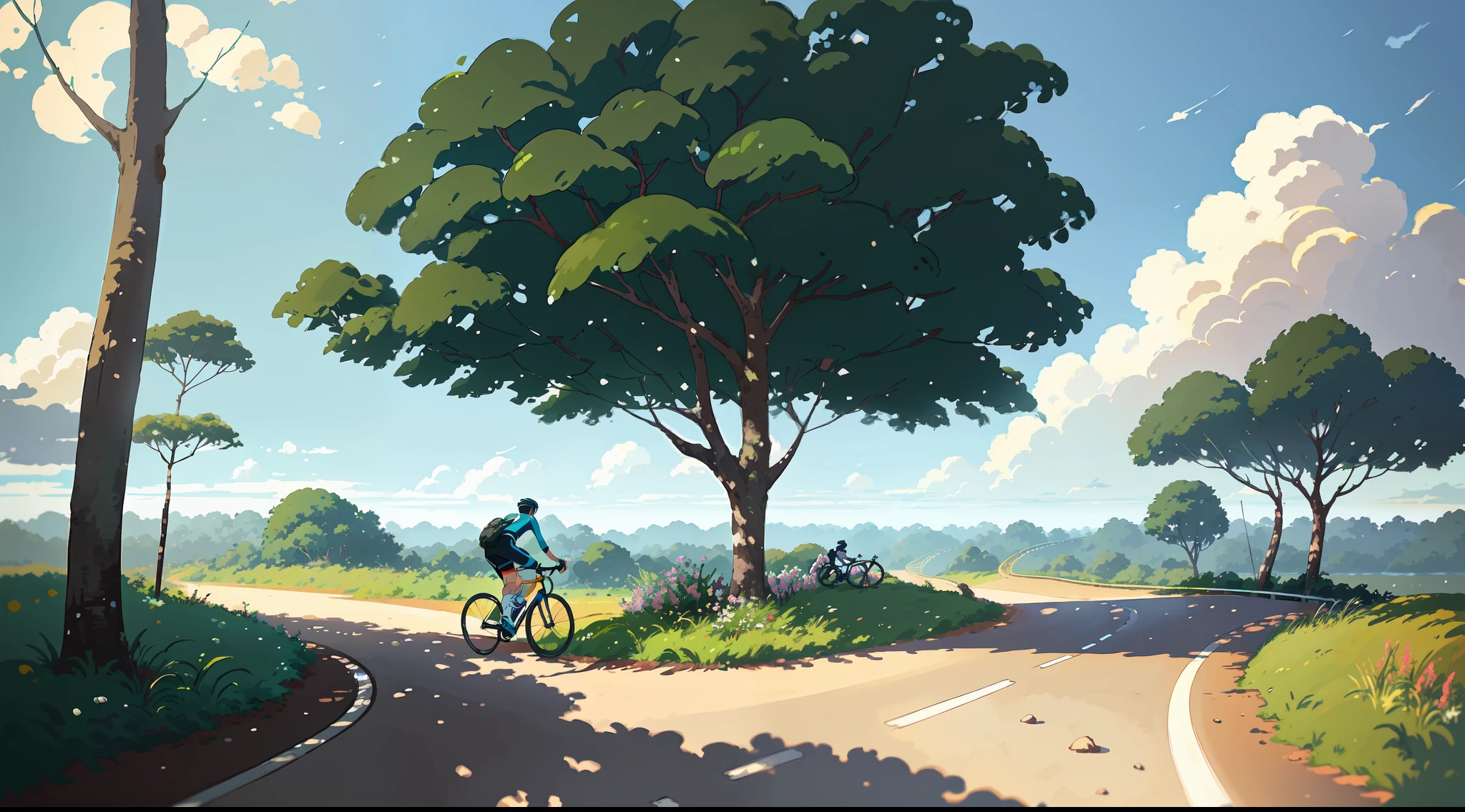 (bike: 1.5), (realistic bike: 1.5), (realistic cyclist: 1.5), back cyclist, brazil, amazonian forest, amazon, landscape background, shadows, contrast, makoto shinkai (Best quality: 1.3), (Highres:1) Art by Studio Ghibli Style, Impressionism, Solitude