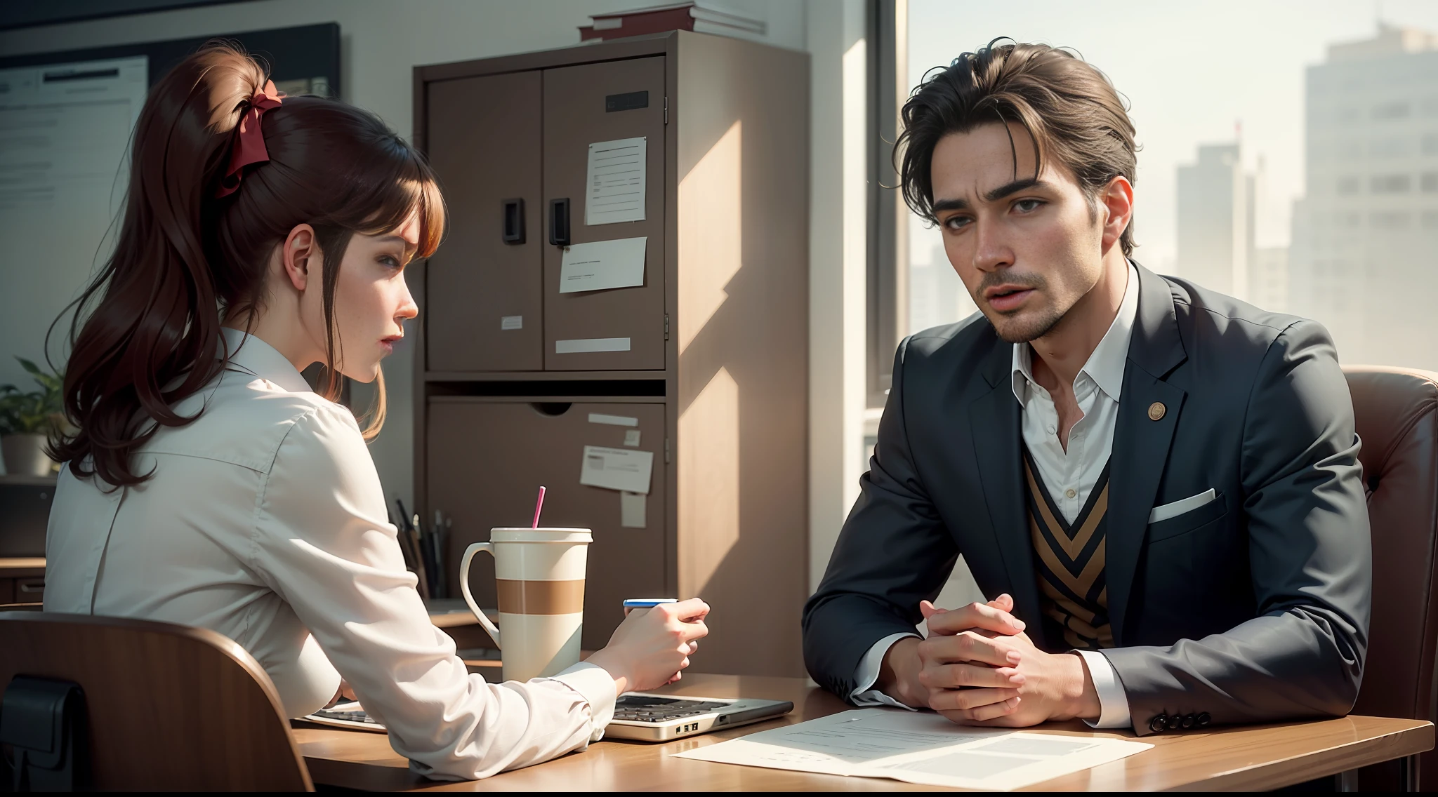 Man talking to woman in office