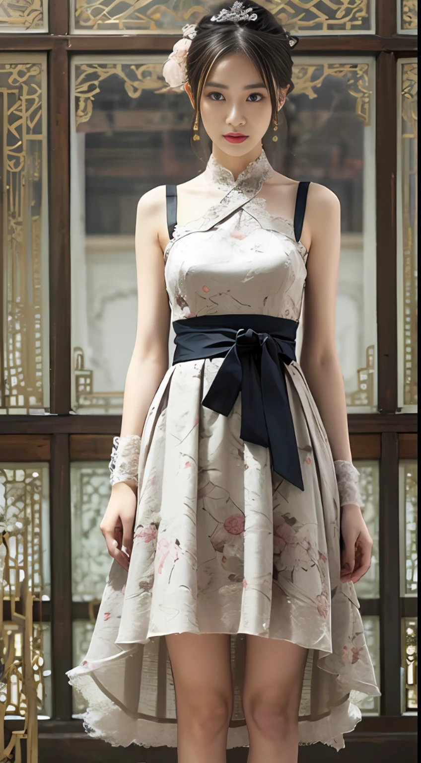 A dress with a chinoiserie style with lace elements at the neckline and cuffs of the dress Dark pattern is a traditional moire pattern, details such as pleats, embroidery, beads, silk, crepe, knee-length or length, and a bow or flower decoration at the waist or neckline