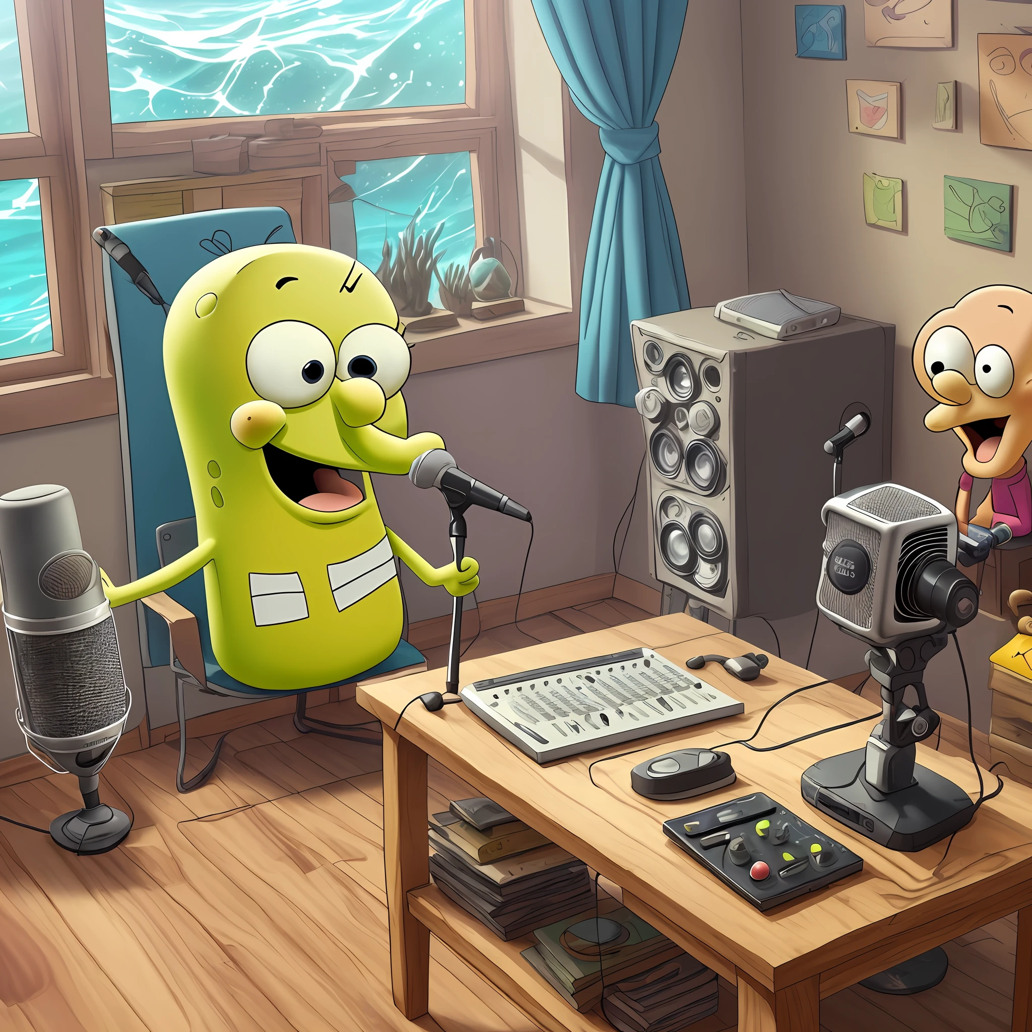 Characters Squidward and SpongeBob SquarePants in a room sitting in front of a table with a microphone, seen from the outside by a large window, recording board, underwater cartoon style --auto --s2