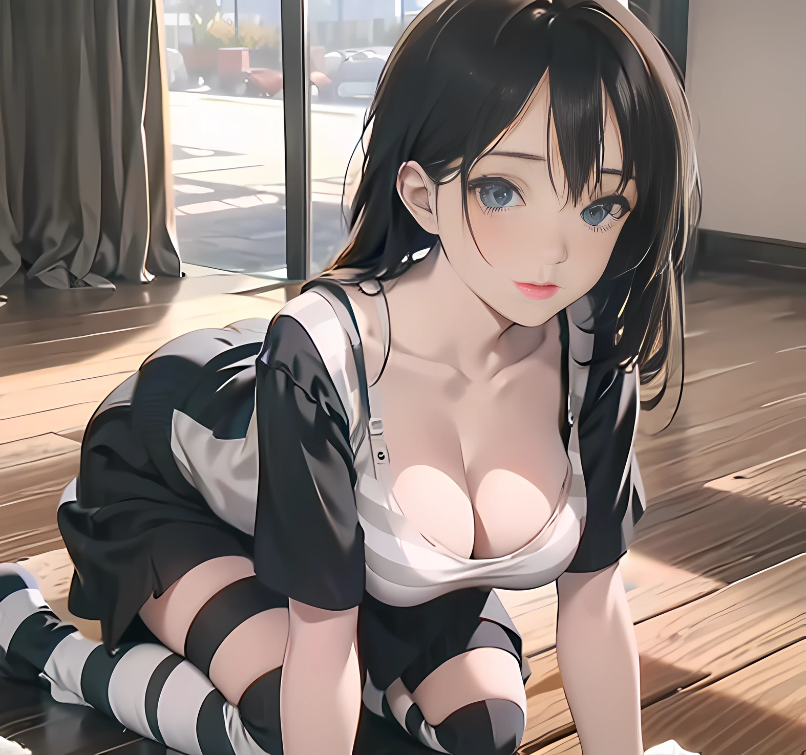 1girl, beautiful woman in striped socks, ((black and white stripes)), big breasts, kneeling, dynamic angle, ((beautiful eyes, perfect hands)), by Lee Jeffries Nikon D850 Film Stock Photo 4 Kodak Portra 400 Camera F1.6 Lens Rich Color Ultra realistic realistic realistic textures Dramatic lighting Unreal Engine Trending at Art Station Cinestill 800,