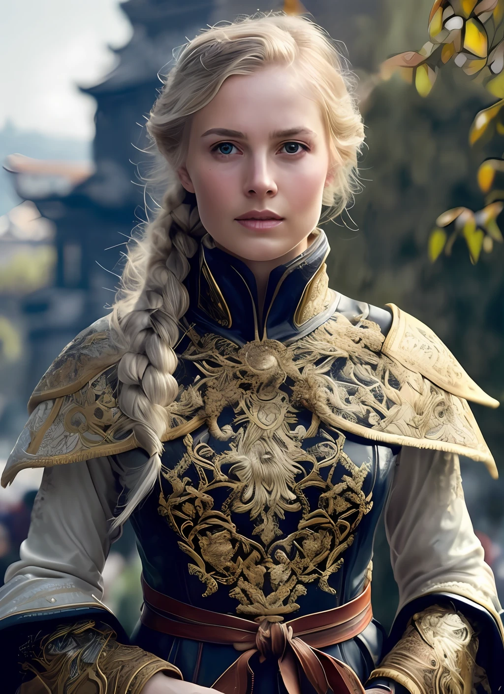Extremely detailed RAW photo, full body, walking pose, slow motion, (rogue thief: 1.1) European woman wearing rich full body (leather armor: 1.2),
(white embroidered silk cover), (woven with intricate pattern:1.2), (insanely detailed, bloom:1.2), (very high quality, Alessandro Casagrande,
Greg Rutkowski, Sally Mann, 4k),, (high sharpness), (detailed pupils:1.2), detailed face and eyes, Masterpiece, best quality, (highly detailed photo:1.2), 8k, hyperrealistic, (long blonde
Hair, short and elegant haircut, ecstatic:1.1), (young woman:1.2), By Jeremy Mann, By Sandra Chevrier, By Maciej Kuciara, Sharp, (Perfect
body:1.1), royal shadow, (temple ruins and vine background:1.1)