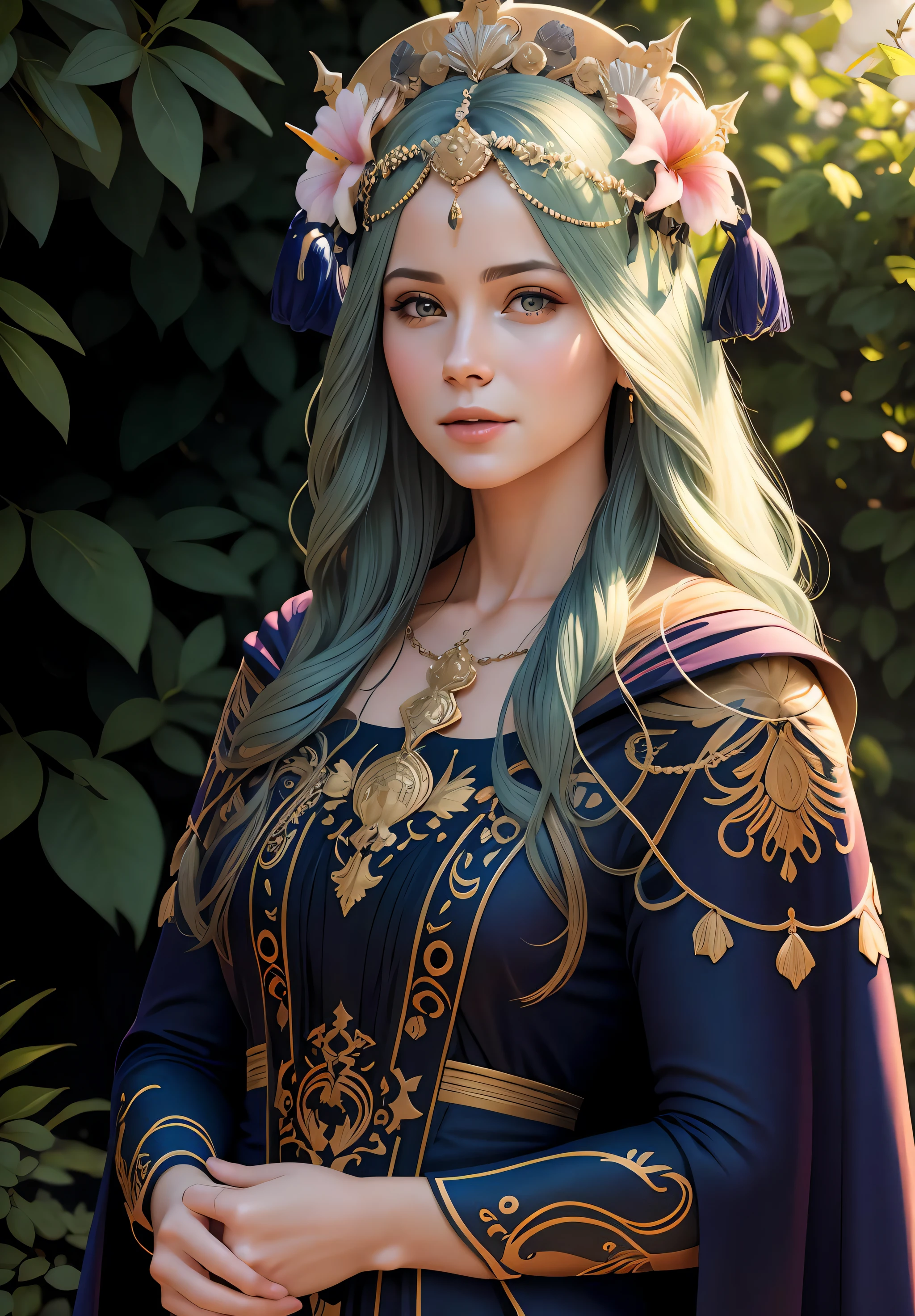 (realistic:1.1), (photorealistic:1.2), best quality, masterpiece, detailed background, detailed face, detailed skin texture, real shadows, realistic lighting, dramatic lighting, natural lighting,
BREAK
defRhea, headdress, hair flower, tiara, blue cape, long white dress