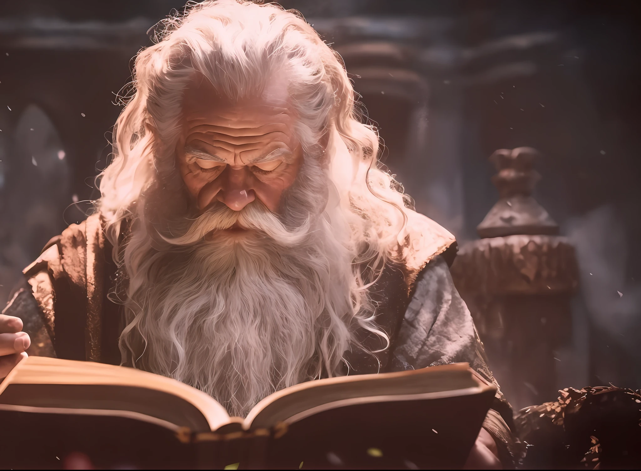 a close up of a man with a long beard reading a book, still from a fantasy movie, wizard sits reading at a desk, still from a live action movie, wizard reading a directory, from warcraft, film still from god of war, fantasy movie still, gimli from lord of the rings, father time, biblical epic movie, fantasy style 8 k octane render