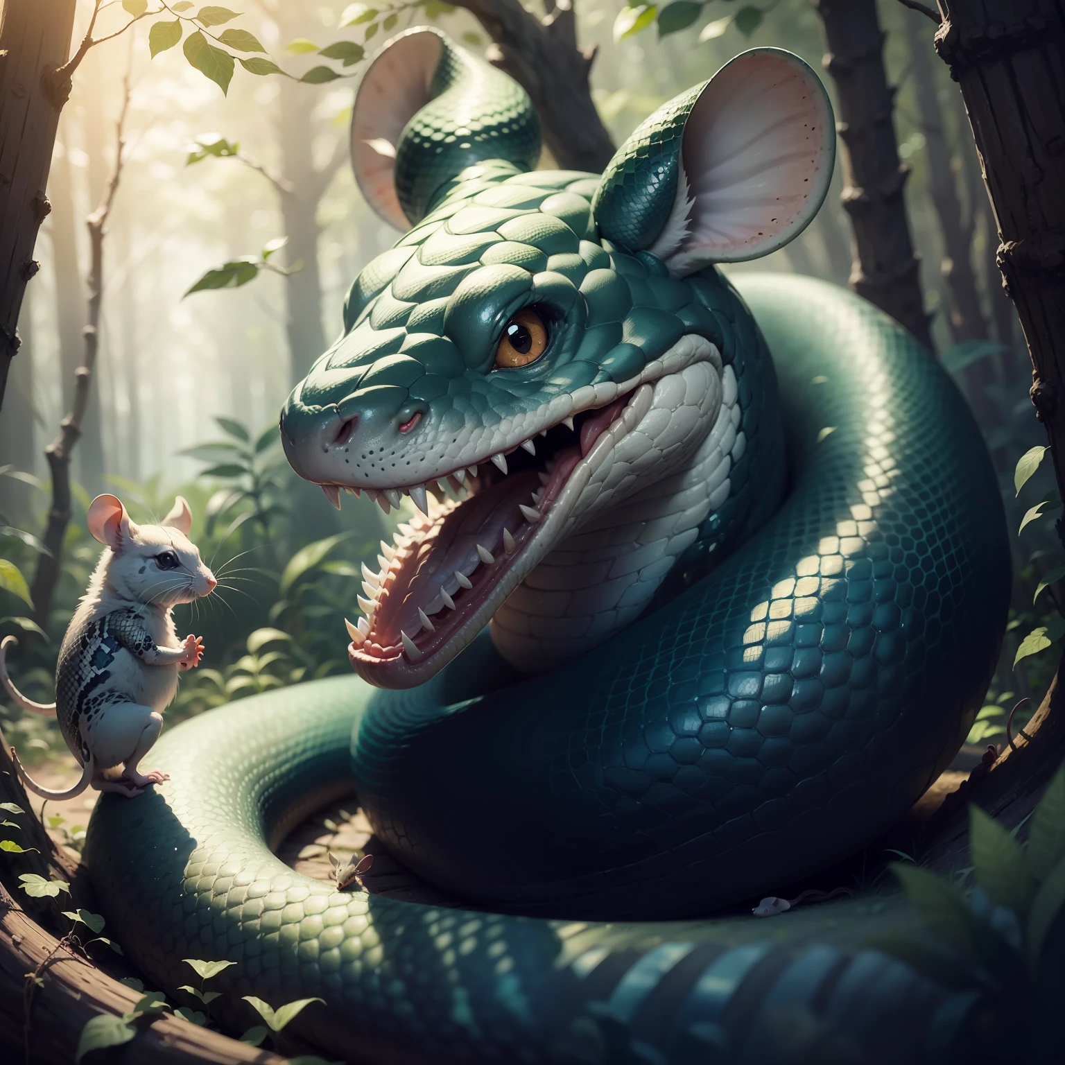 a snake about to eat a  old mouse in a forest, imam highly detailed in 4k beautiful children's drawing style realistic painting animation --auto