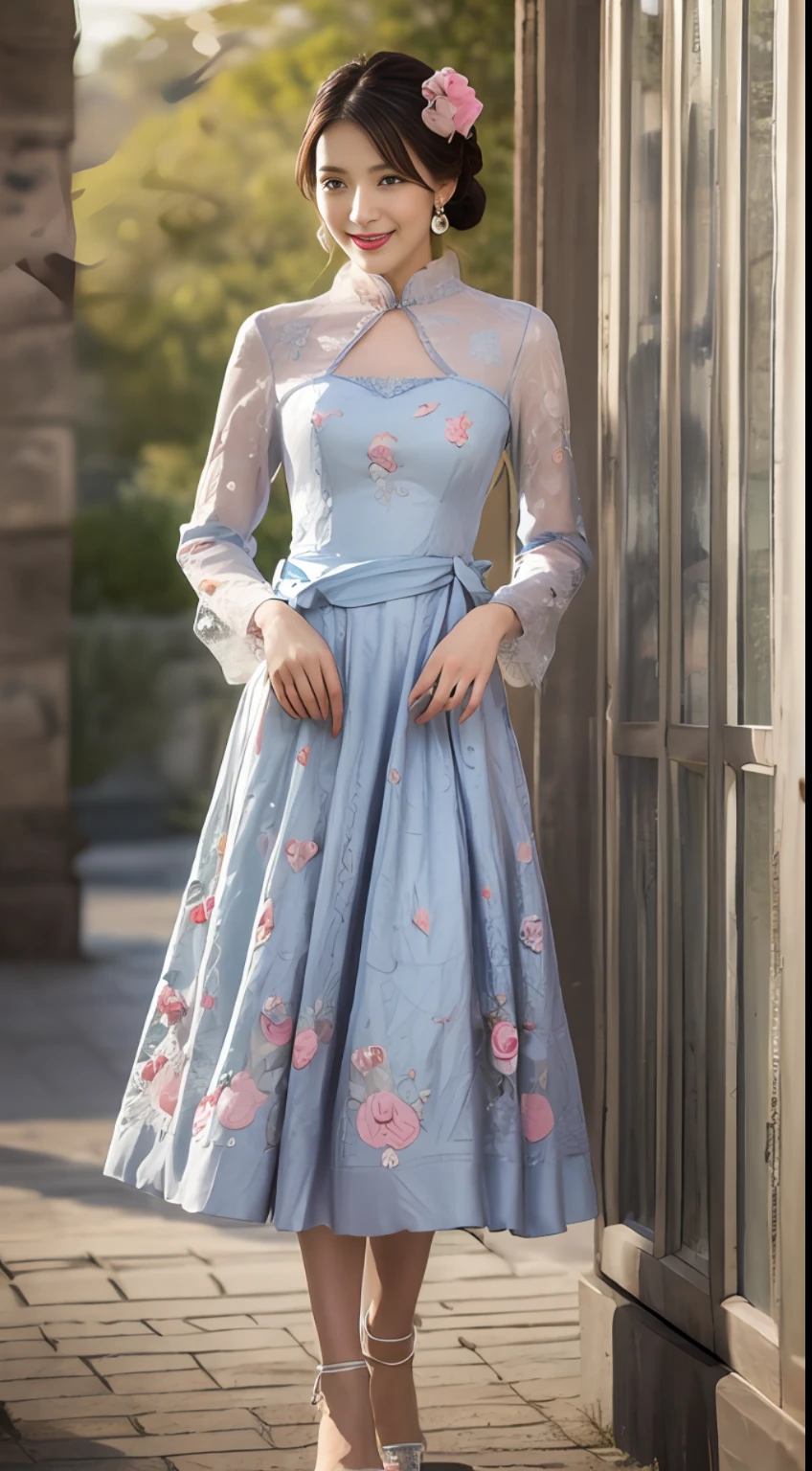 A style is chinoiserie, smile lace elements at the neckline and cuffs of the dress Dark pattern is a traditional moire pattern, details such as pleats, embroidery, beads, silk, crepe, knee-length or length, with bows or flowers at the waist or neckline