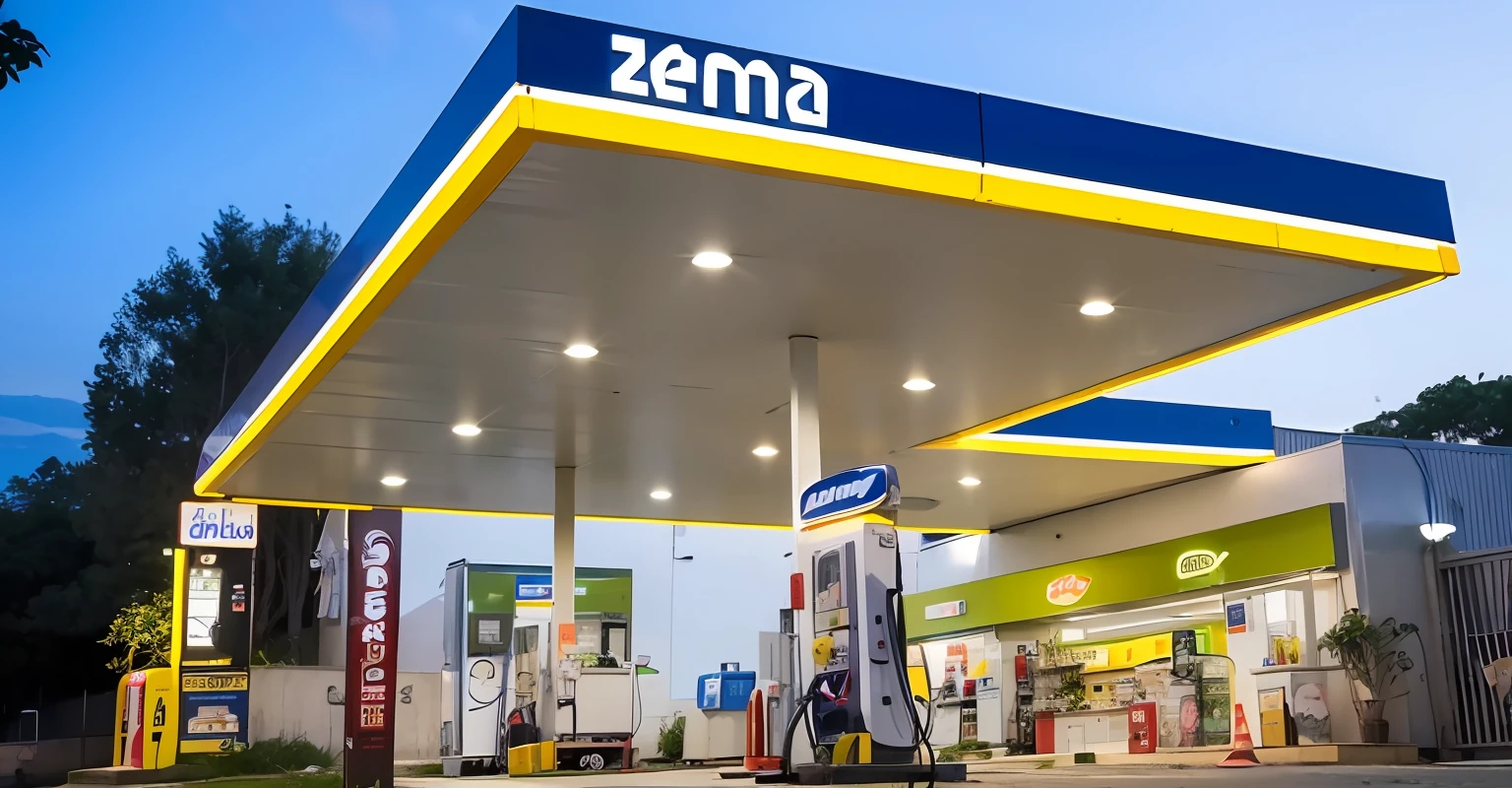 araf gas station at night with a blue sky and a yellow and white sign, gas station, convenience store, discovered photo, leaked image, high quality picture, amazingly composed image, inside a gas station, photo taken from far, emma, official store photo, petrol energy, gas station in space, 😭🤮 💔, taken in the early 2020s --auto
