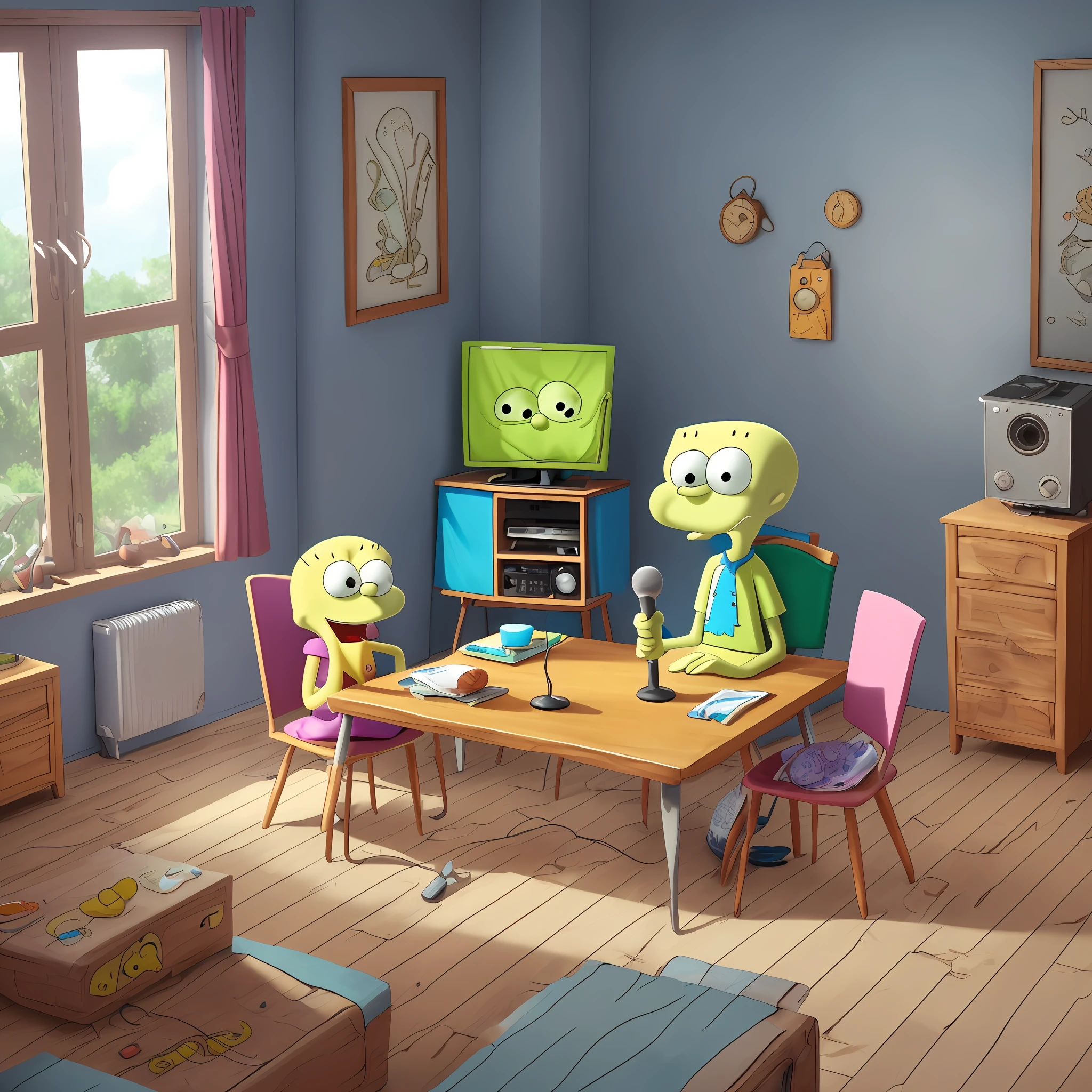 Characters Squidward and SpongeBob SquarePants in a room sitting in front of a table with a microphone, seen from the outside by a large window, recording board, underwater cartoon style --auto --s2
